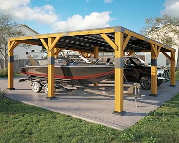 Jocisland 20x20x9.2 FT Cedar Wood Carport for 2 Cars, Heavy Duty Canopy Carport with Sloped Galvanized Steel Roof for All Weather, Permanent Shelter for Full-Sized Pickup Truck, Boat & Tractor