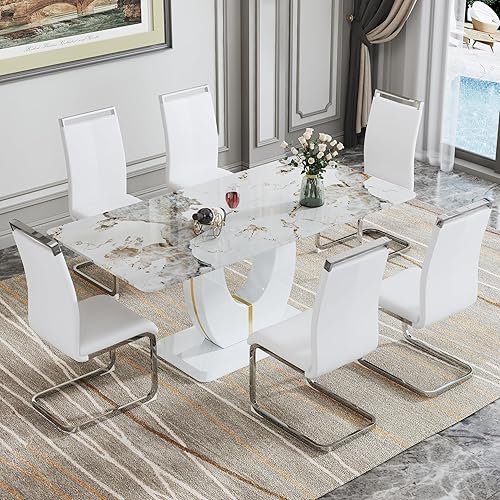 Miniatura 19 de Juego de mesa de comedor de lujo de 71 pulgadas para 6, moderno juego de mesa de comedor de mármol sintético con parte superior de vidrio templado,