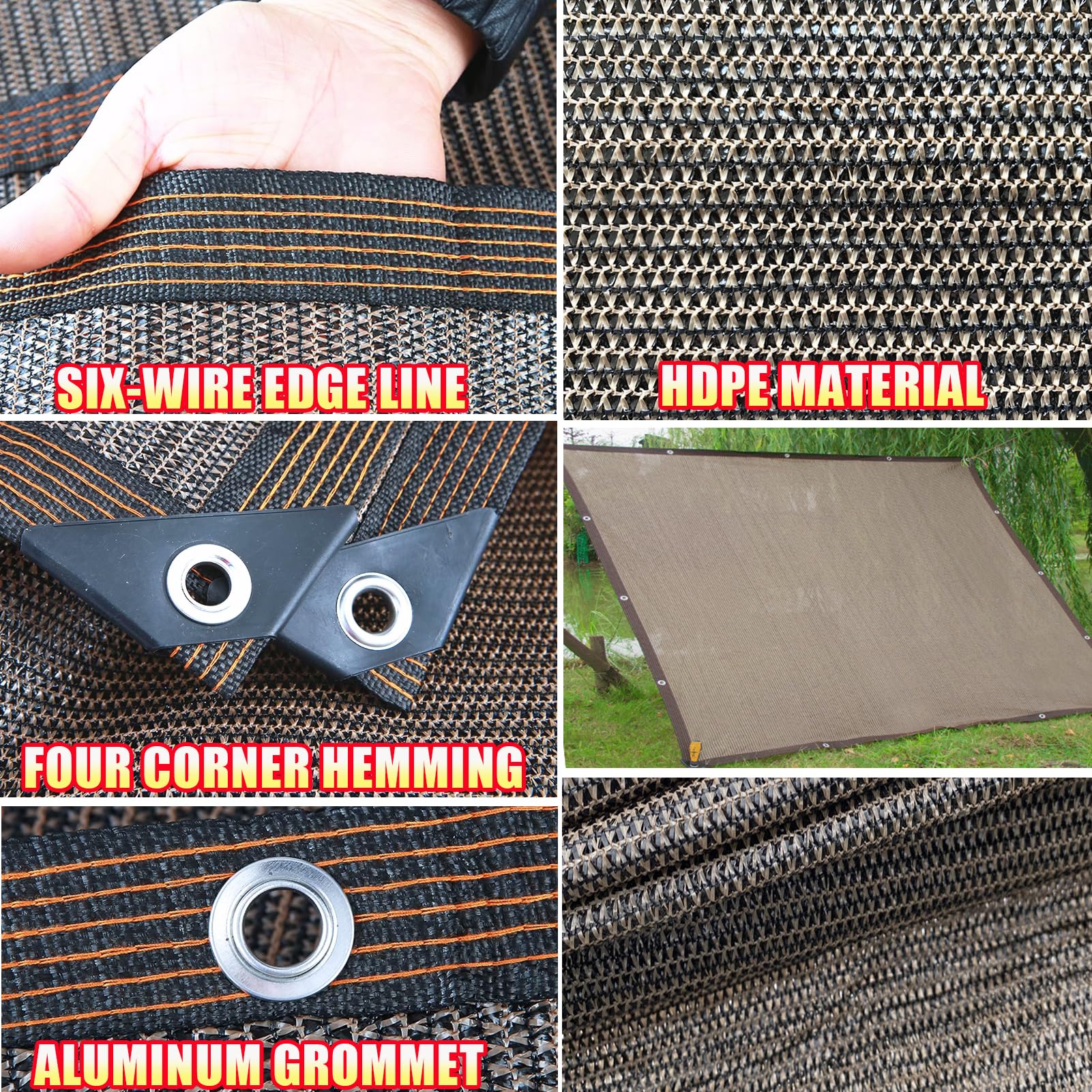 Filet d'ombrage HDPE 85% Anti-UV, Résistant et Aéré, Œillets Métalliques –Marron 2x6m – pour Jardin, Serre, Balcon, Terrasse et Piscine