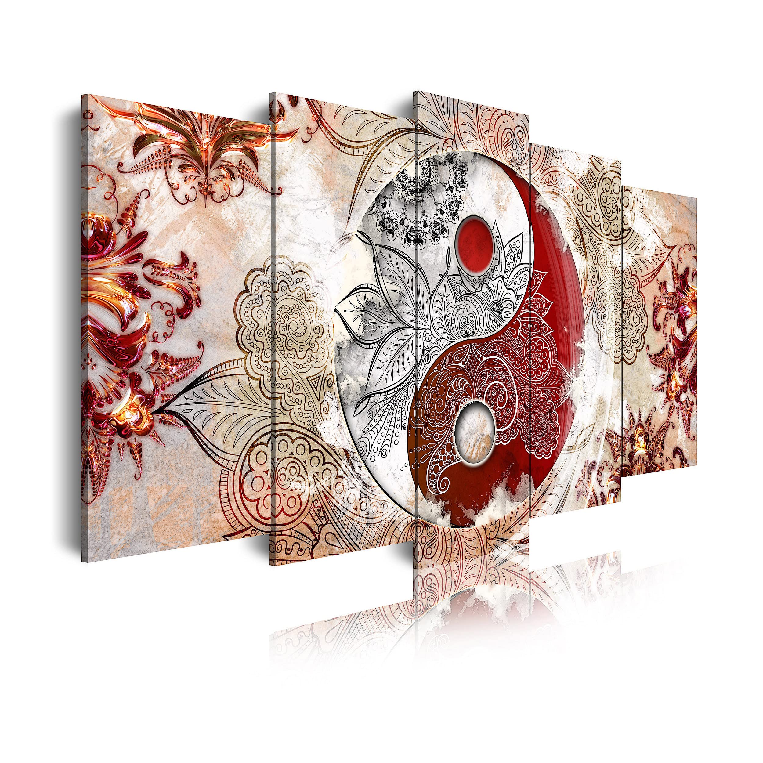 DekoArte 509 - Cuadros Modernos Impresión de Imagen Artística Digitalizada | Lienzo Decorativo Para Tu Salón o Dormitorio | Estilo Ying Yang Abstractos Zen Colores Beig Rojo | 5 Piezas 150 x 80 cm