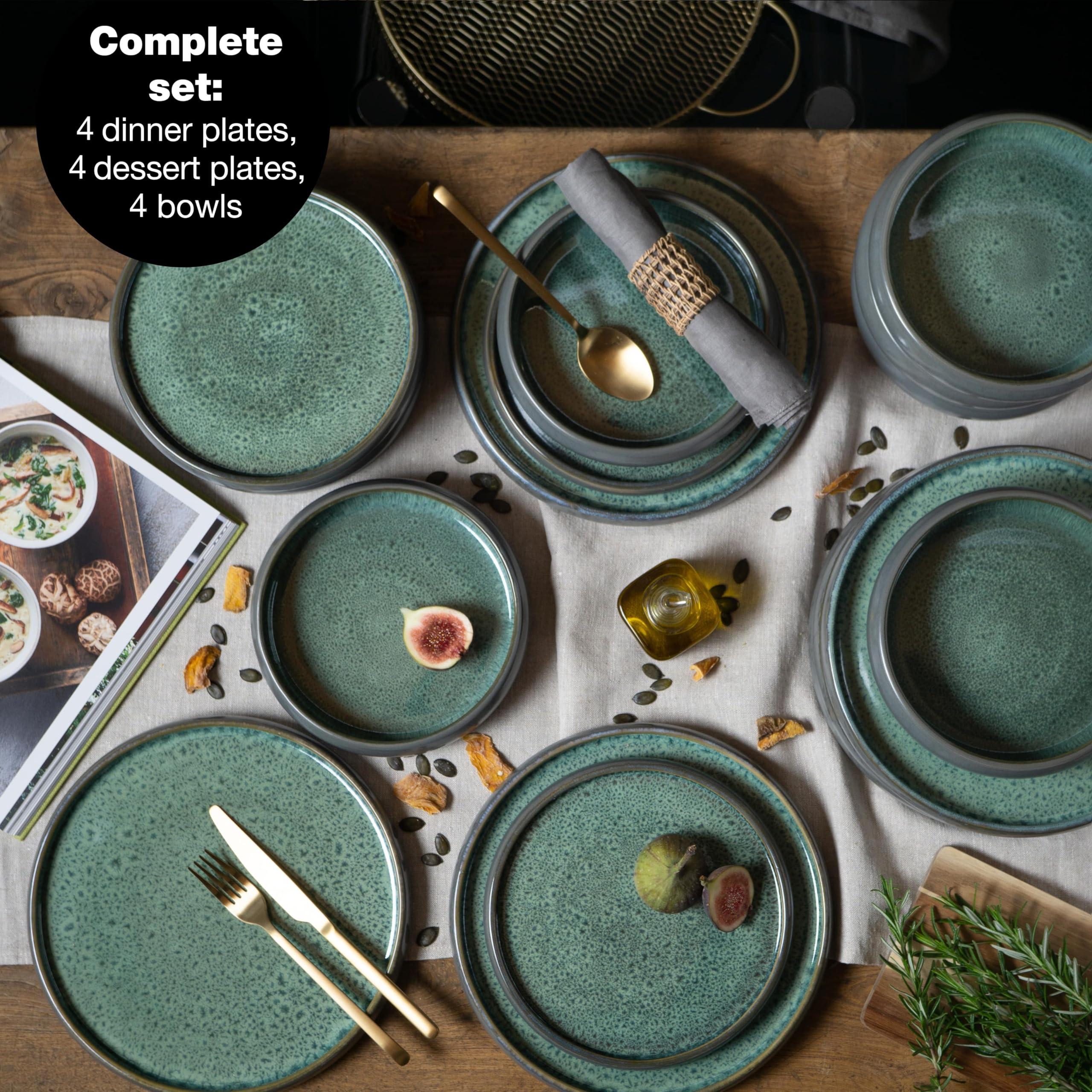Moritz & Moritz Solid - Vajilla de gres (12 piezas, 4 personas, 4 platos pequeños, cuencos grandes), color verde
