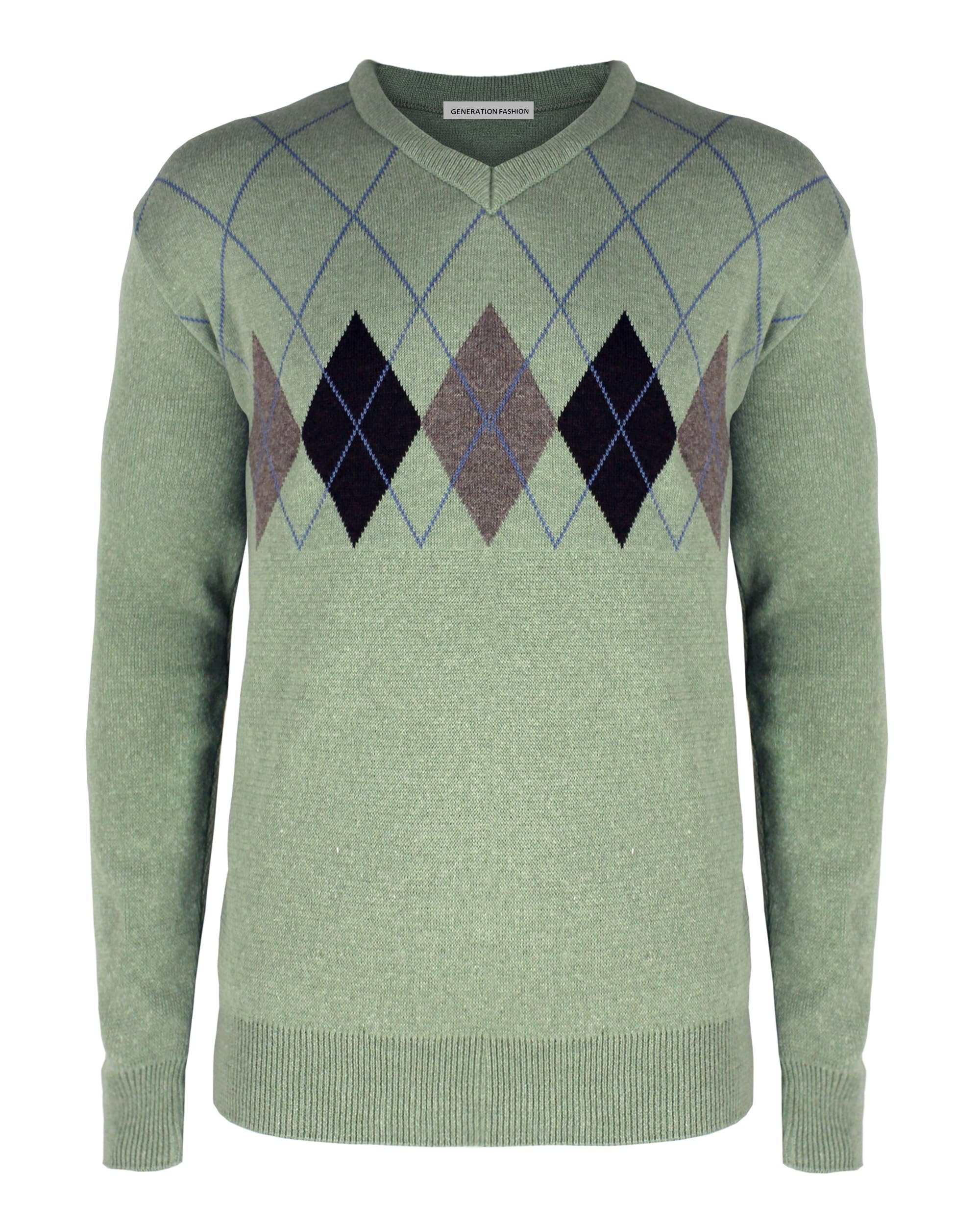 Generation Fashion Men's Sage New Gents Knitted Long Sleeve V-Neck Argyle Pattern Jumper Fine Knit Sweater Top Ribbed Edge[, 3XL]