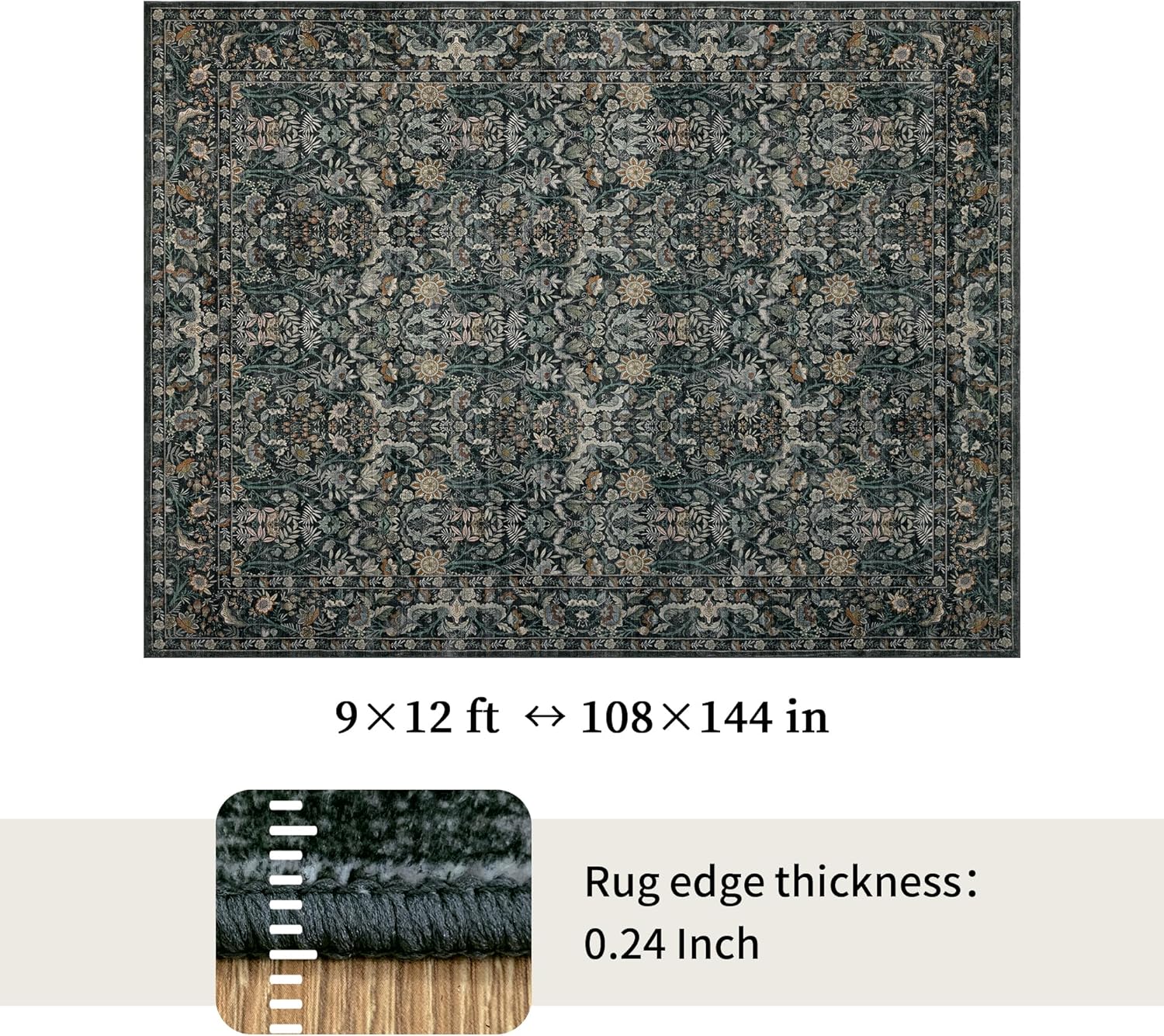 Washable Living Room Rug: 9x12 Boho Floral Soft Area Rug for Bedroom Decor - Vintage Low Pile Thin Carpet for Dining Room Non-Slip - Farmhouse Stain Resistant Rugs - Dark Green