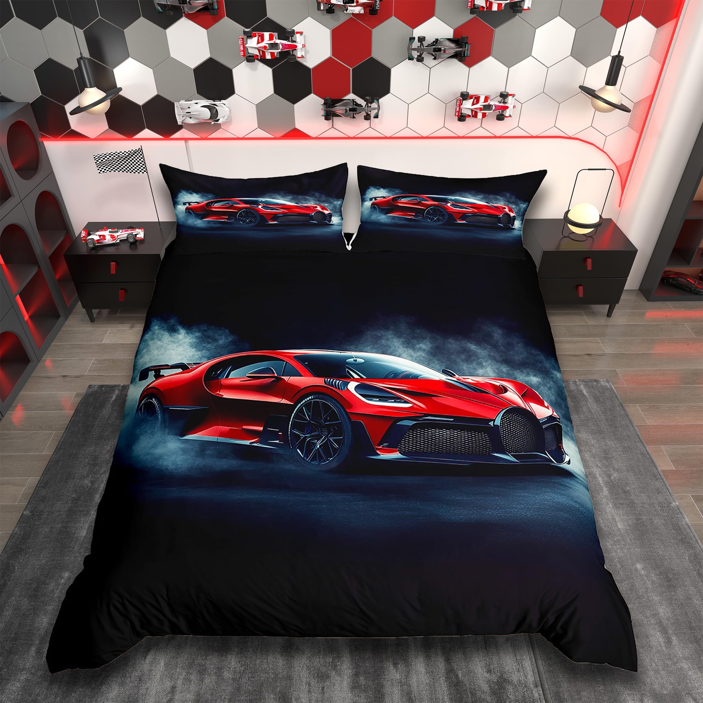 Homemissing Racing Car Bed Linen Set 135 x 200 cm for Children Boys Teens Speed Sports Beds Ultra Soft Cool Modern Duvet Cover Extreme Sports Bedding Set Car Theme