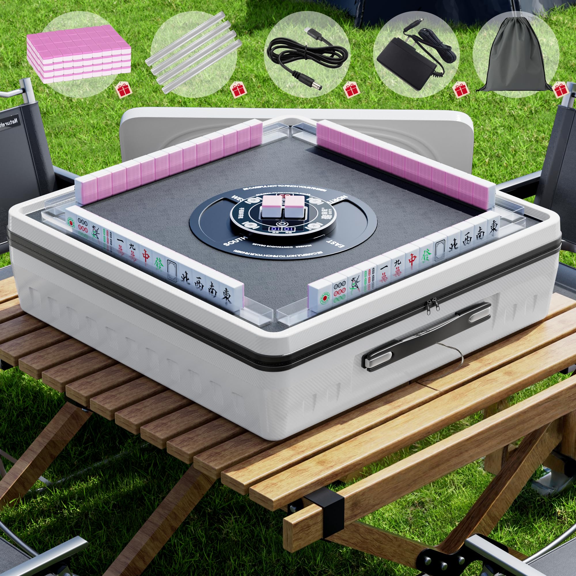 View 1 of [Broken Adapter] PYY Portable Automatic Mahjong Table - Foldable 152 Magnetic Mini Mahjong Tiles, Smooth Non-Jamming Shuffling, Supports American & Chinese Styles, for Outdoor & Home Fun White-Pink