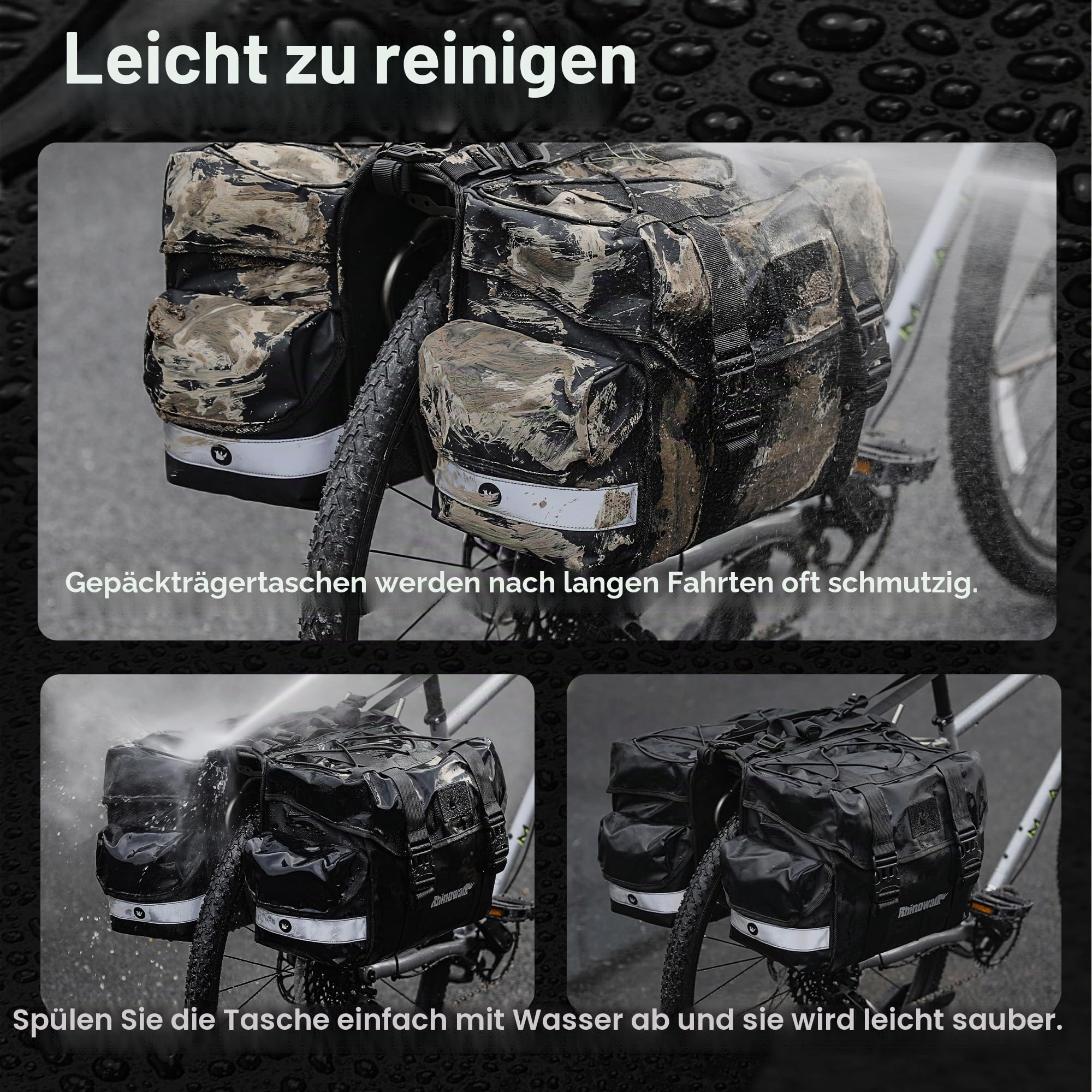 Rhinowalk Fahrradtaschen Gepäckträgertasche – wasserdichte Bike Doppeltasche 40L – Hinterradtasche für Trekking, Pendeln, Camping mit Regenhülle