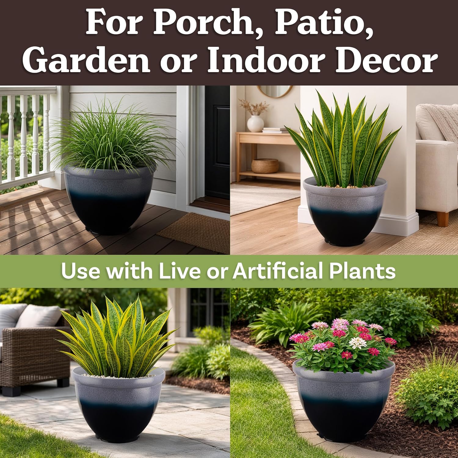 Plastic Plant Pot with Glazed Pottery Finish and Drainage - 13.7” Large Planters for Indoor Plants or Outdoor Garden - UV Resistant Decorative Flower Pot Faux Ceramic Planter by Pure Garden (Blue)