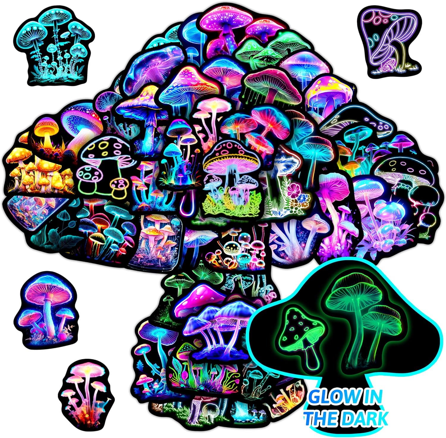50 Pcs Neon Mushroom Stickers for Kids Glow in The Dark, Waterproof Vinyl Vegetation Decals for Water Bottle Laptop, Teens Girls Boys Students Adults Decor Pack