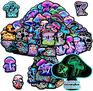 50 Pcs Neon Mushroom Stickers for Kids Glow in The Dark, Waterproof Vinyl Vegetation Decals for Water Bottle Laptop, Teens Girls Boys Students Adults Decor Pack