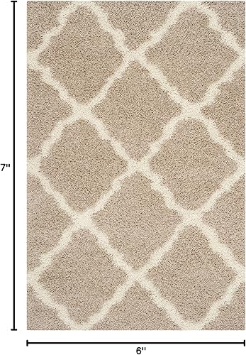 Miniatura 2 de SAFAVIEH Dallas Shag Collection - Alfombra de área de 5 pies 1 pulgada x 7 pies 6 pulgadas, color beige y marfil, diseño de enrejado, no desprende