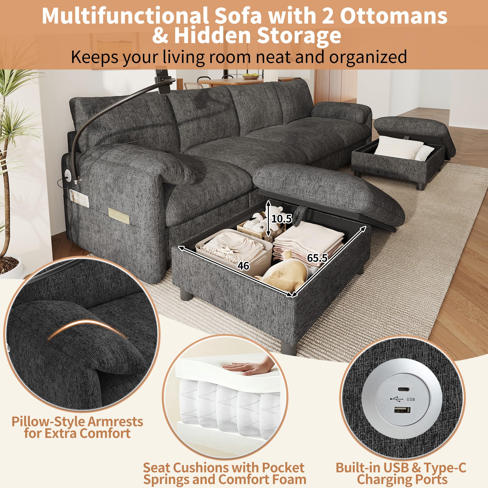 Sofa Modular Esquinero en Forma de U/L con 2 Taburetes de Almacenaje | Sofa Rinconera con USB y Soporte para Móvil, Sofas de Salon para 6 Personas, Chenilla, 273.5x133x81 cm, Gris