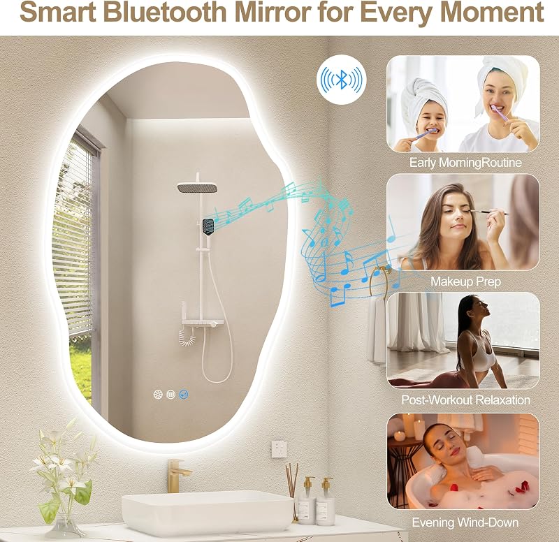 S'bagno Fürdőszobai Tükör LED Világítással 60x90 cm - Bluetooth, Páramentesítő, 3 Színhőmérséklet, Fényerőszabályzás, IP44 Vízálló, Memória 