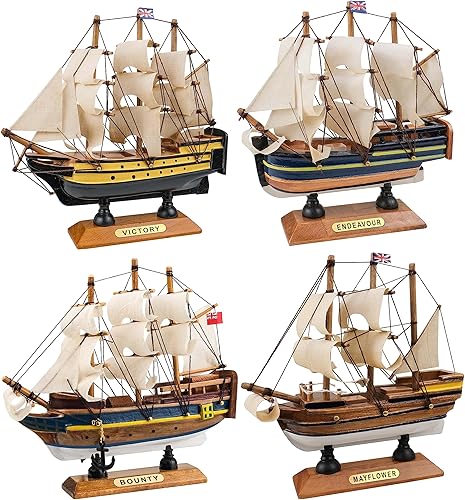 SAILINGSTORY - Modelo de madera de buques modelo clásico de barco de vela Decoración Bounty, Endeavour, Mayflower, Victory 6.3 pulgadas, juego de 4