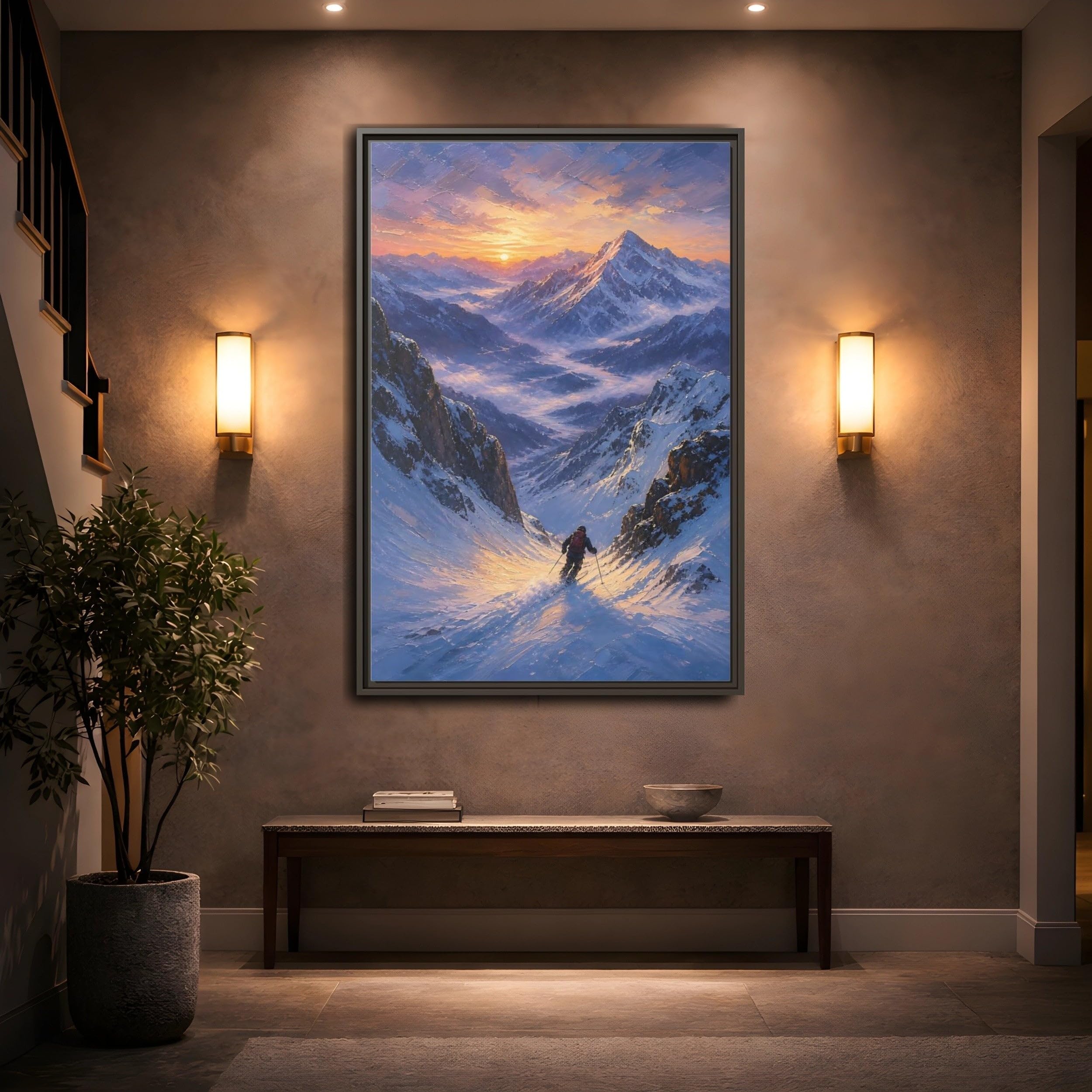 Nature Mountain Skier Snowy Sunset Framed Canvas Print – Living Room, Above Fireplace, Orange and Blue 32×48 inch (80×120 cm) - Vertical/Black / 1.25 inch (3 cm)