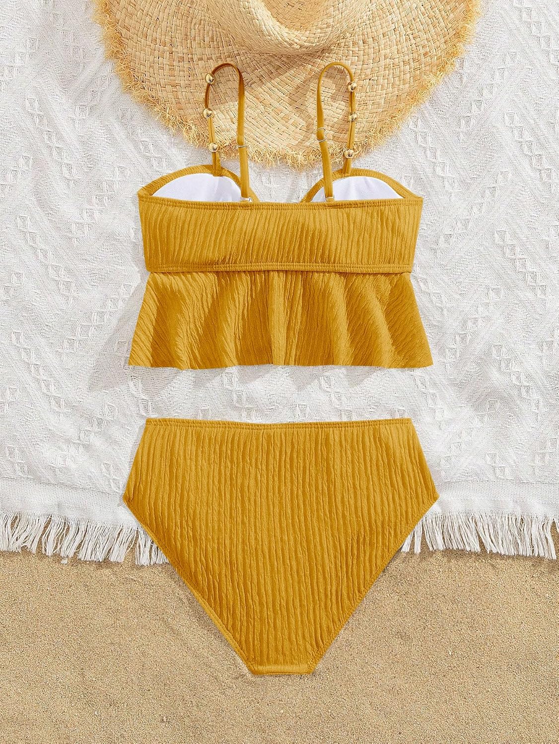 OYOANGLE Girl's Two Piece Metallic Shell Bikini Sets Cut Out Ruffle Top High Waist Hipster Swimsuit