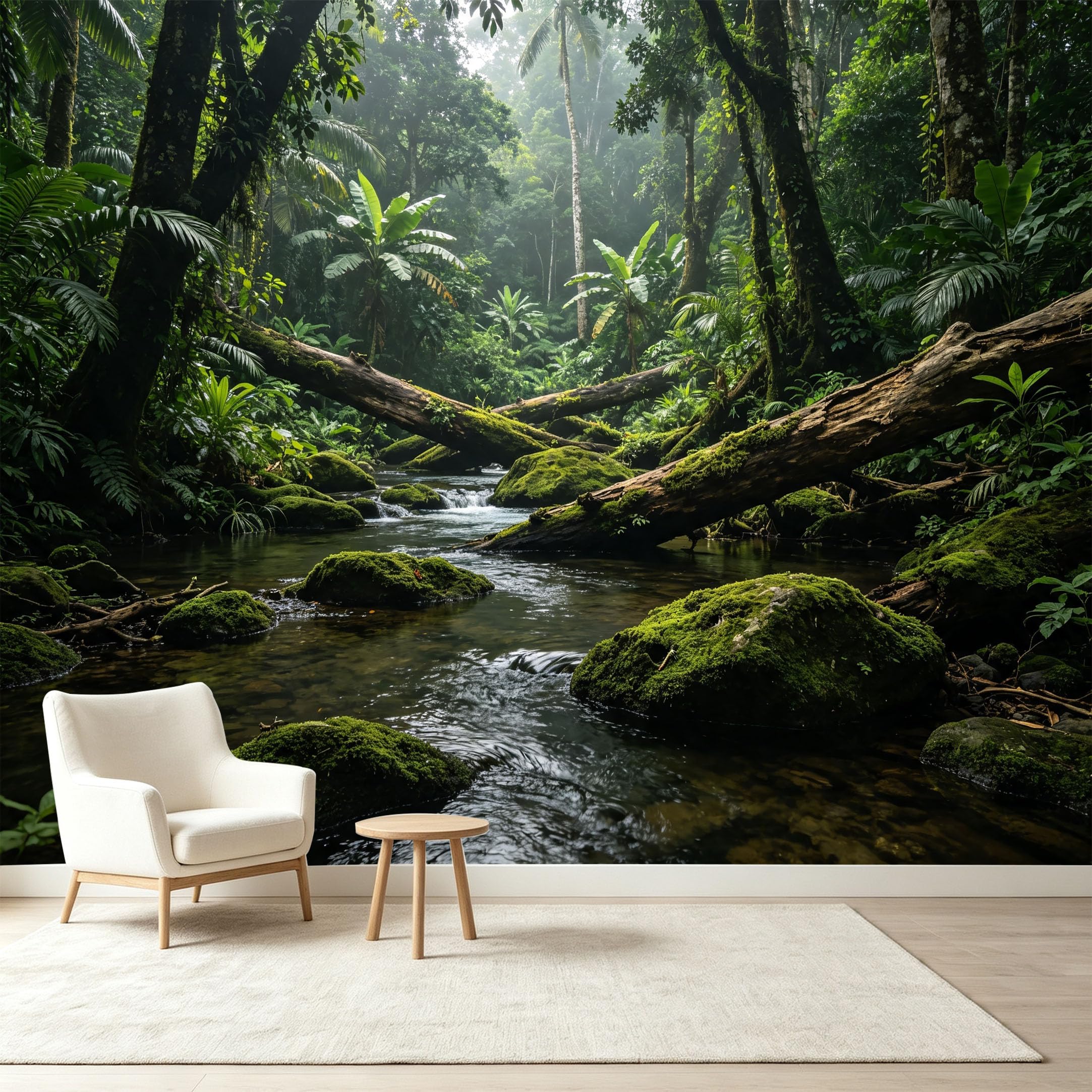 Custom Size Wall Murals Tropical Rainforest Landscape Mossy Rocks River Water 3D Trompe L'Oeil Self-Adhesive Wall Fabric Removable Wallpaper Wall Decor for Living Room Bedroom Bathroom