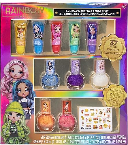 Rainbow High - Townley Girl - El juego de maquillaje cosmético para niños incluye 5 piezas de brillo labial 5 esmaltes de uñas y calcomanías de uñas