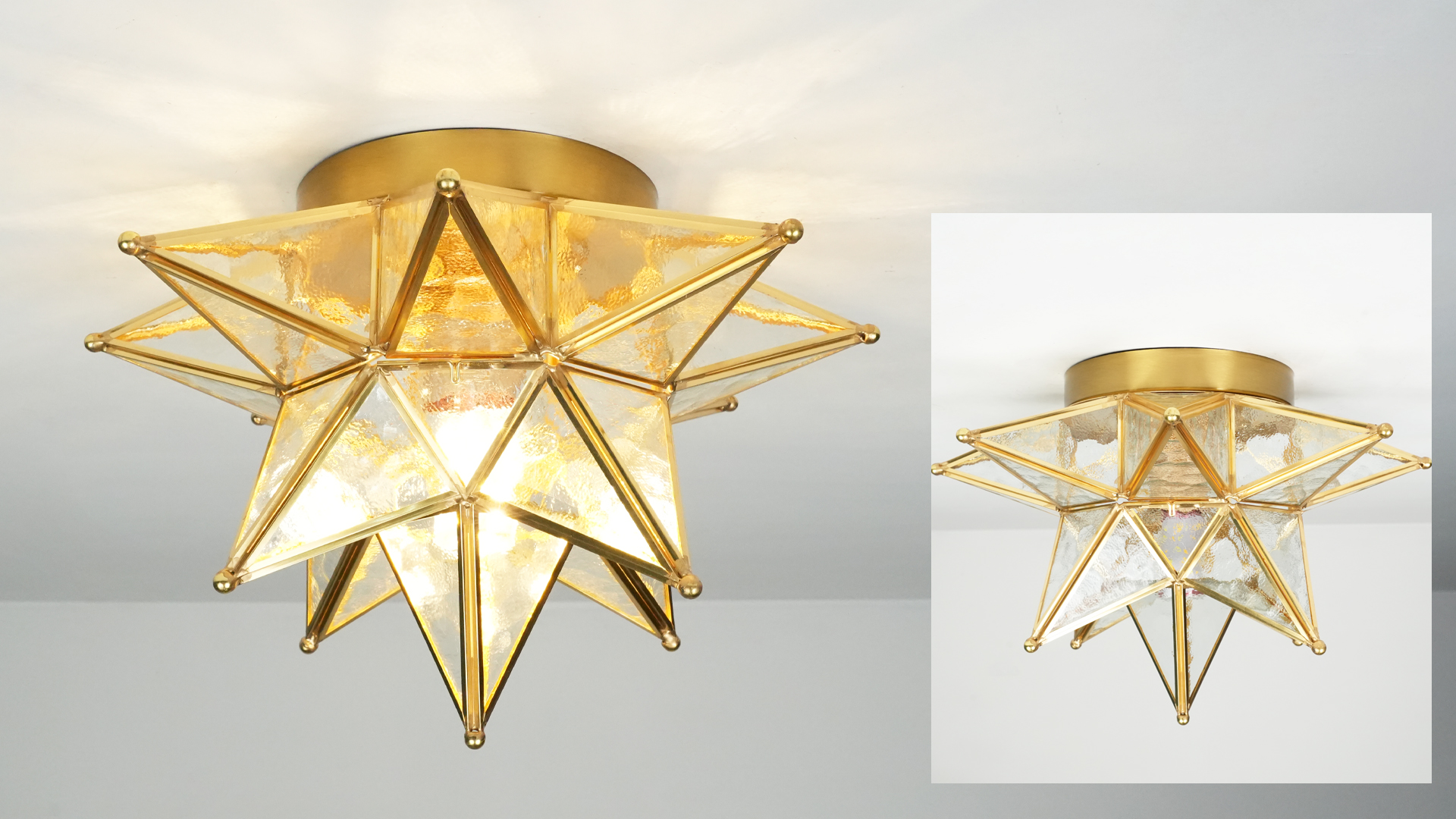 Image of Moravian Star Ceiling Light, Hammered Clear Glass, Brass Finish