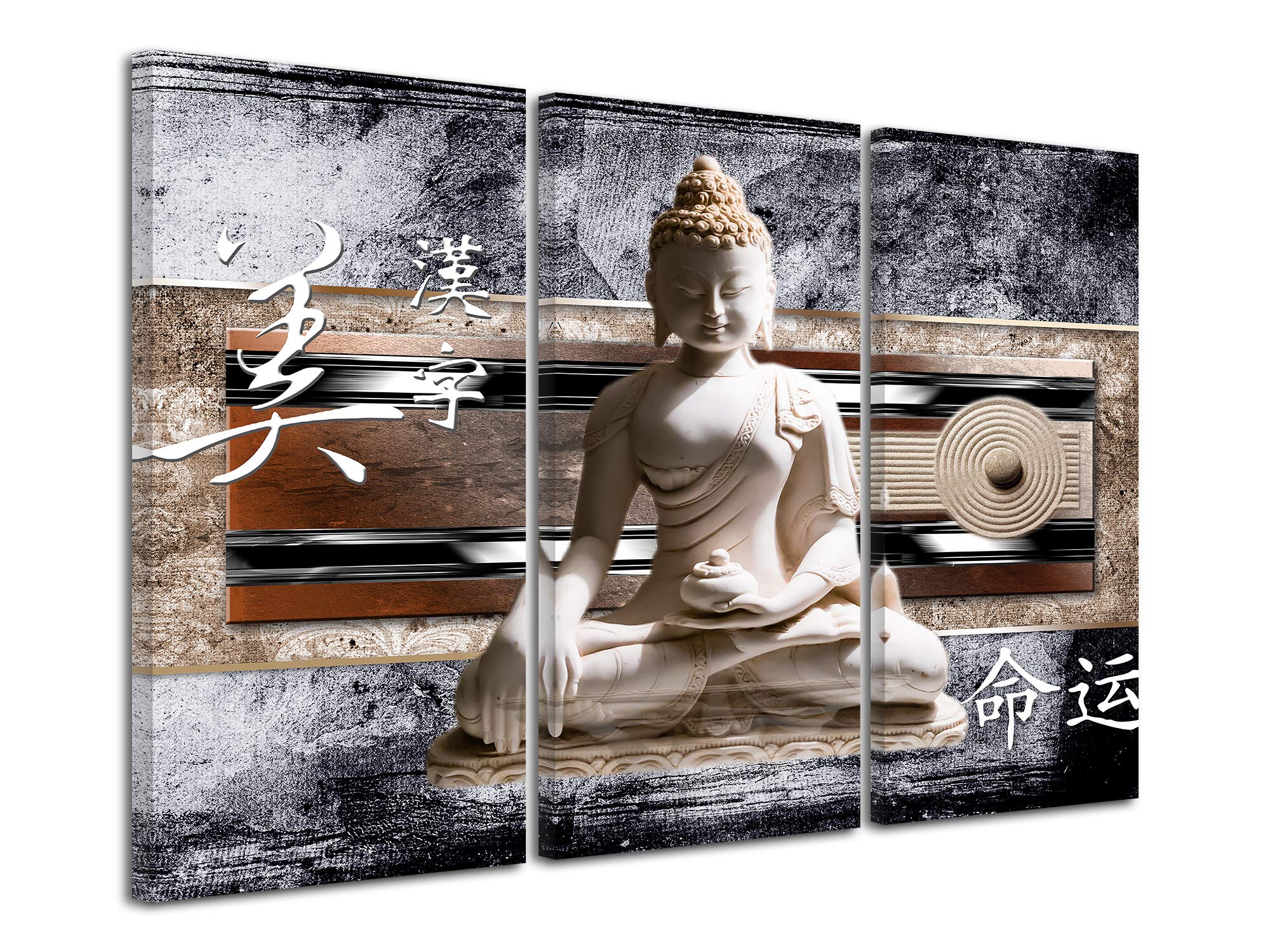 DECLINA - Quadro decorativo da parete per soggiorno, moderno, cornici decorative da parete, 3 pezzi, motivo: Buddha, atmosfera giapponese, 90 x 60 cm, colore: Marrone