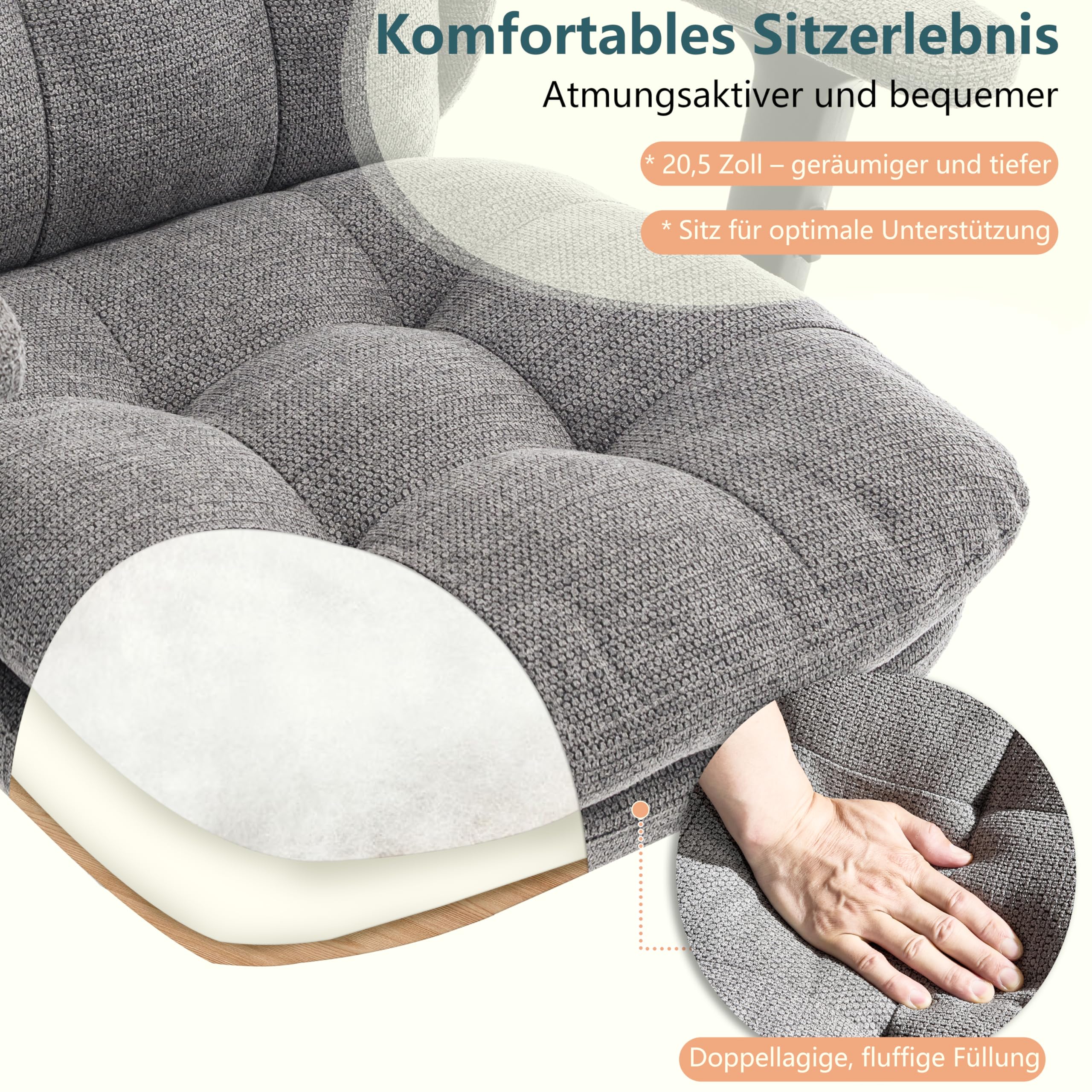 Fizzin Grau Ergonomischer Bürostuhl Chefsessel | Hohe Rückenlehne, Doppelkissen-Armlehnen, umkehrbar & höhenverstellbar Computerstuhl für Büro und Homeoffice