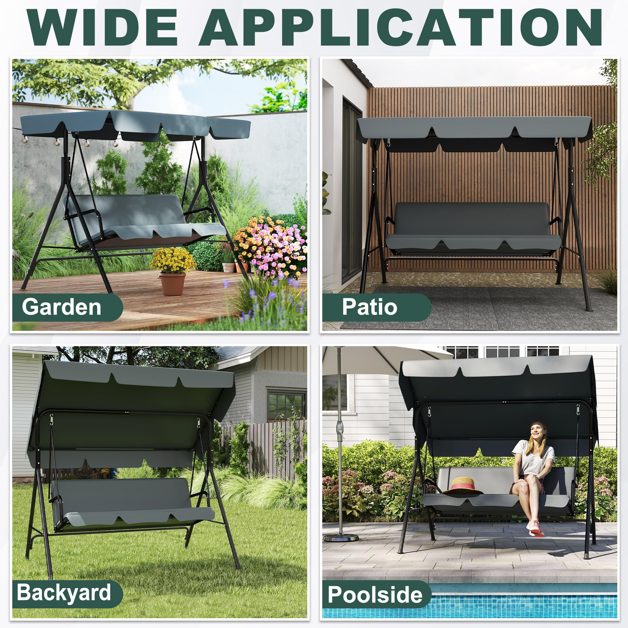 Aufun Hollywoodschaukel 3-Sitzer, Familienzeit mit Leichtigkeit, Gartenschaukel mit verstellbarem Sonnendach & Gestell & Gepolsterte Sitzauflage, Belastbar bis 200 kg (176 x 110 x 152 cm, Anthrazit)