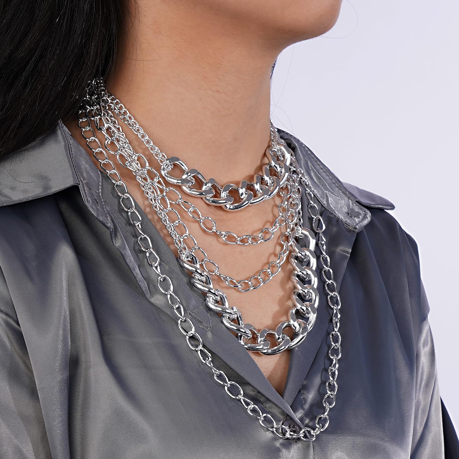 YERTTER Punk Multi-Layered Cuban Curb Chunky Chain Silver Choker Necklace Thick Choker Hip Hop Choker Necklace Gift - Image 3
