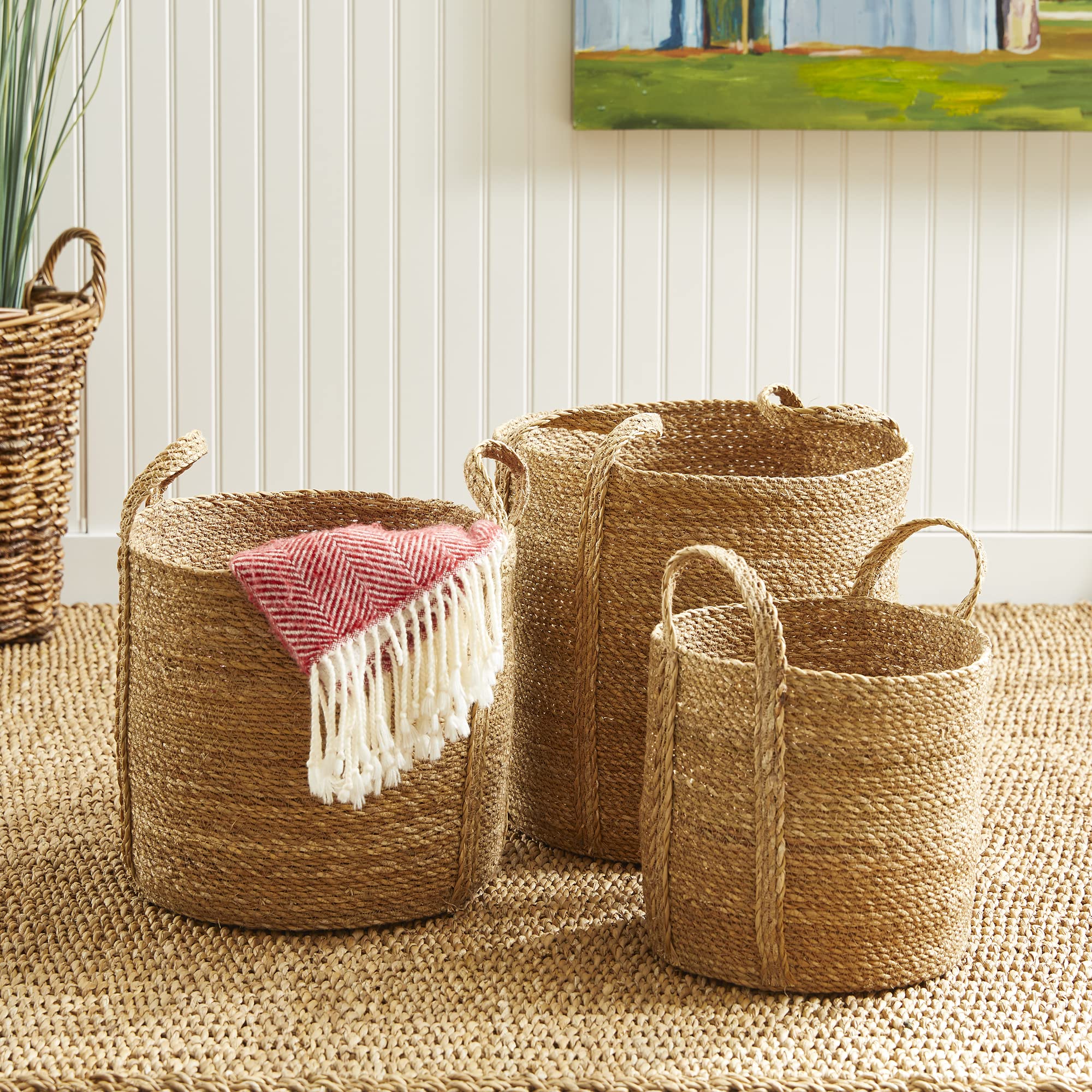 Napa Home & Garden Natural Seagrass Baskets Set of 3: Round with long handles soft textured storage bins perfect for home decor! 14 x 14 x 19.75 12 x 12 x 16.5 10 x 10 x 14 Natural