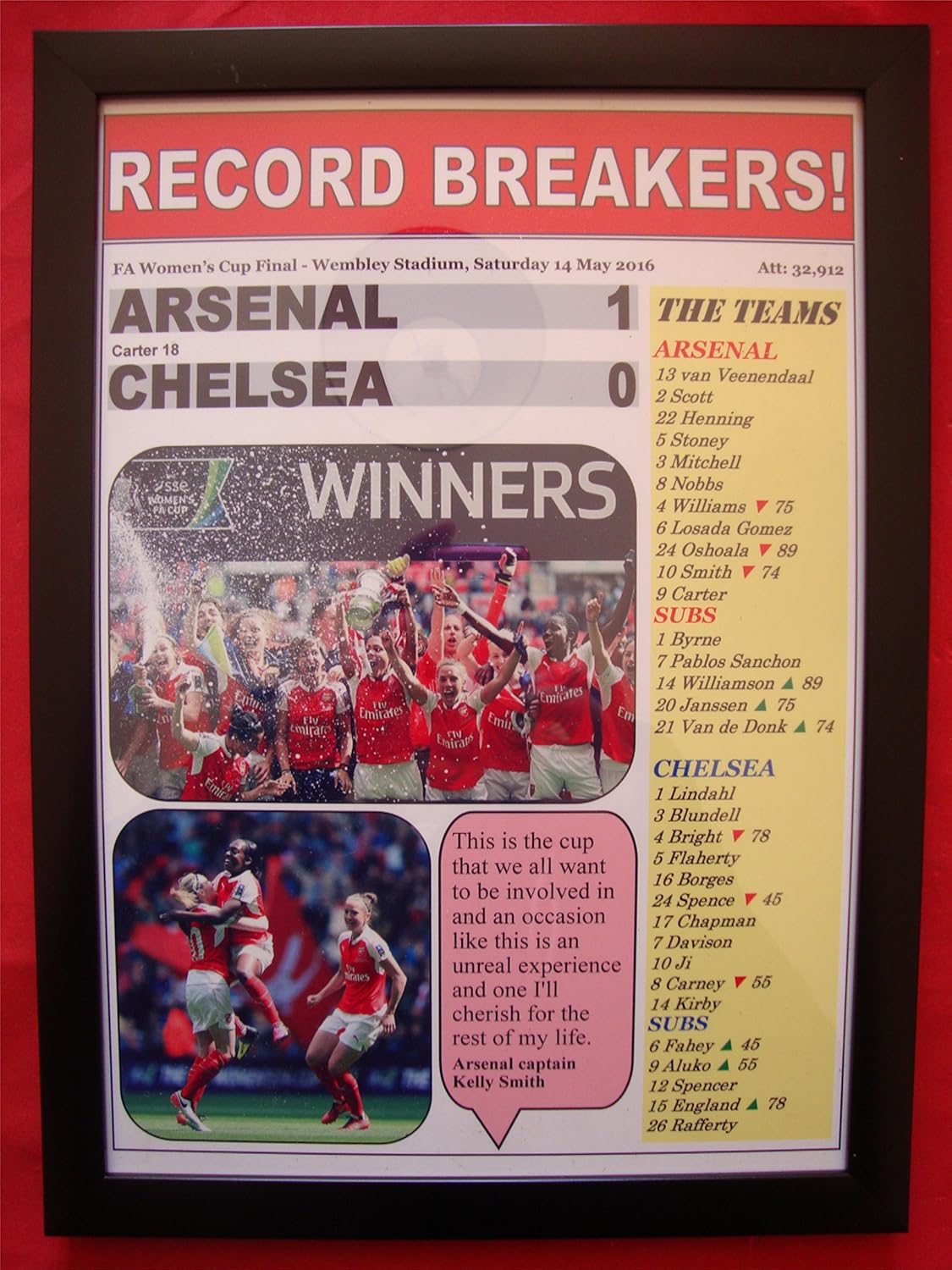 Lilywhite Multimedia Arsenal 1 Chelsea 0-2016 FA Women's Cup final - framed print