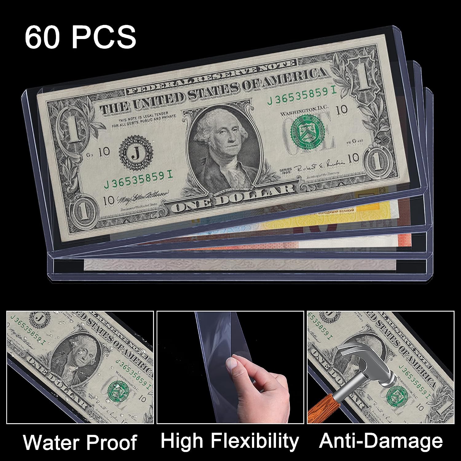 Uncle Paul 60PCS Banknote Holders Top-Load Currency Money Sleeves for Bills image 3