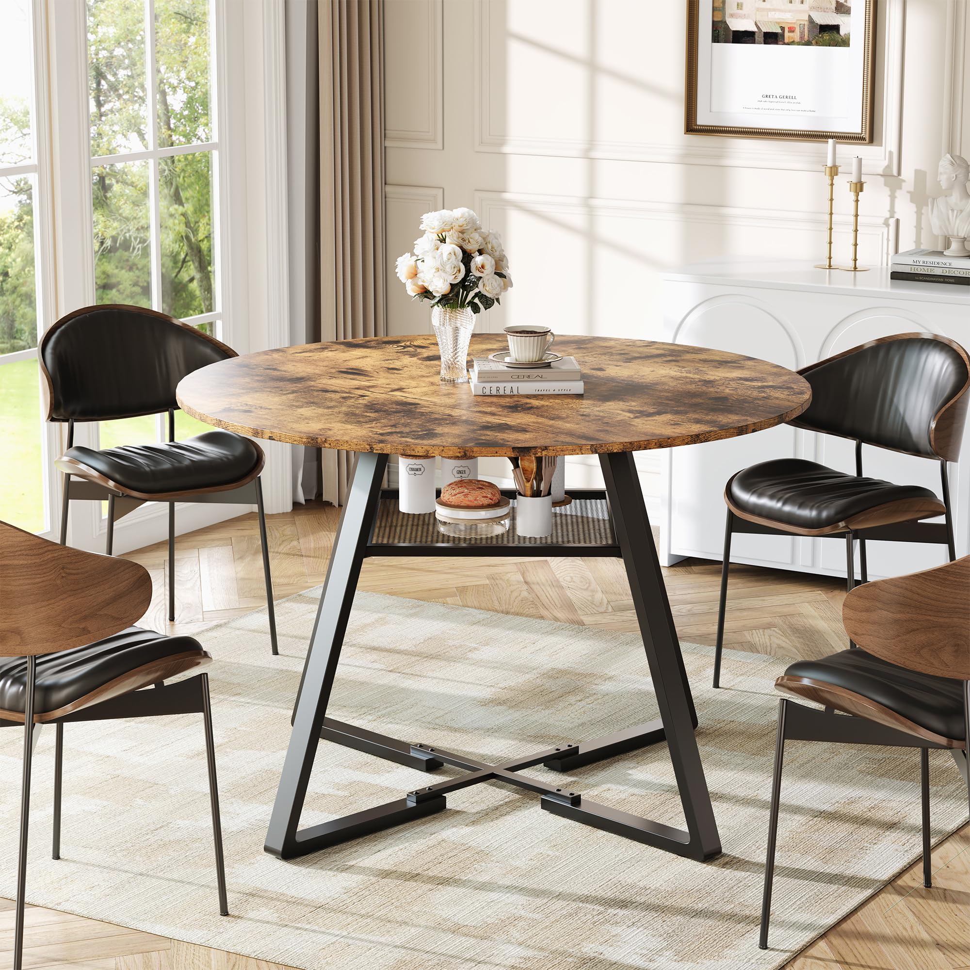 Mesa de Comedor Redonda ⌀120 cm para 4-6 Personas, Mesa de Cocina Madera con Estante y Marco Metálica para Comedor o Salón, Estilo Industrial