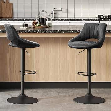 Volans Bar Stools, Set of 2, Mid-Century Modern Swivel Bar Stools, Height Adjustable Barstools, Counter Height Bar Stools Chairs with Back for Home Kitchen, Suede Fabric, Black