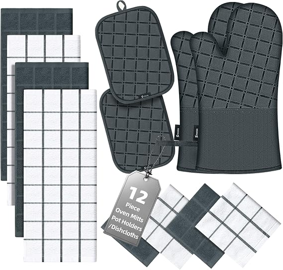 Oven Mitts Kitchen Towels and Dishcloths Pot Holders Sets, Oven Gloves Kitchen Dish Towels 500 Degree Heat Resistant Potholders with Non-Slip Silicone Surface for Cooking, Grilling, Baking-Gray