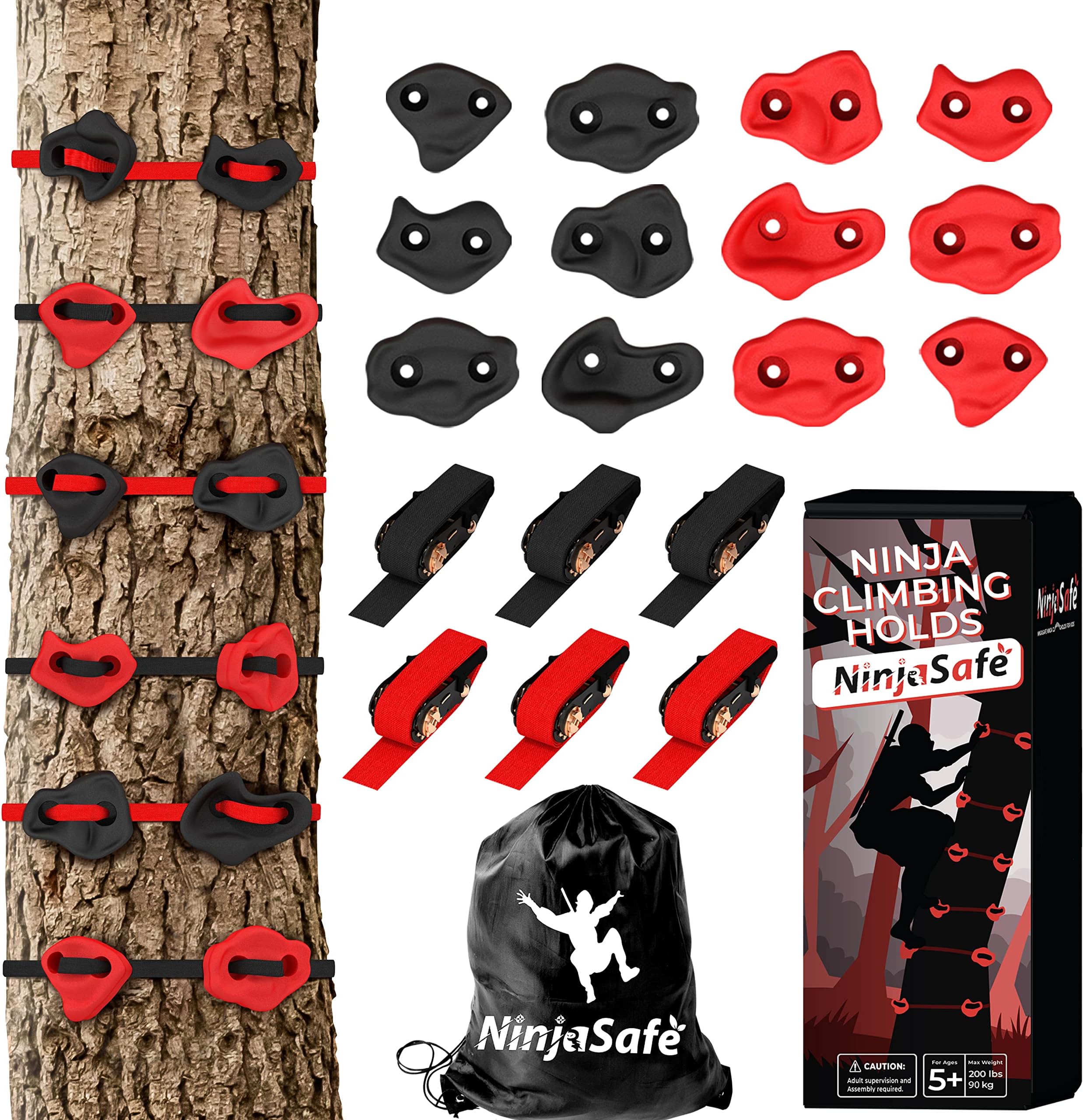 Ninja Tree Climbing Kit with 12 Holds and 6 Ratchets - Kids' Outdoor Climbing Fun at Home, Park, and More