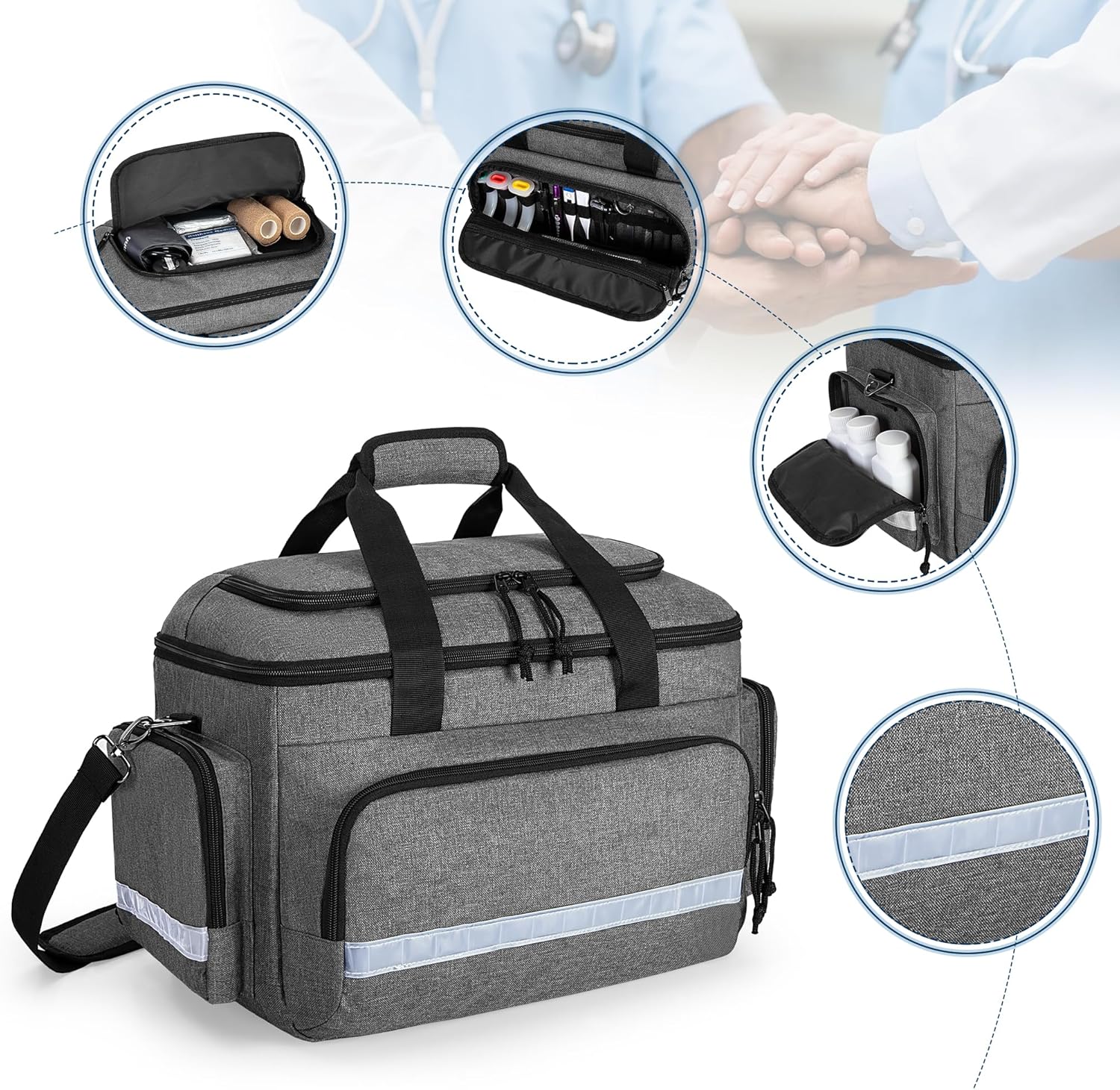 Damero Medical Trauma Bag, First Aid Bags Empty Medical Bag with Detachable Dividers, Ideal for Nurse, Physical Therapists, Doctors, Gray (BAG ONLY)