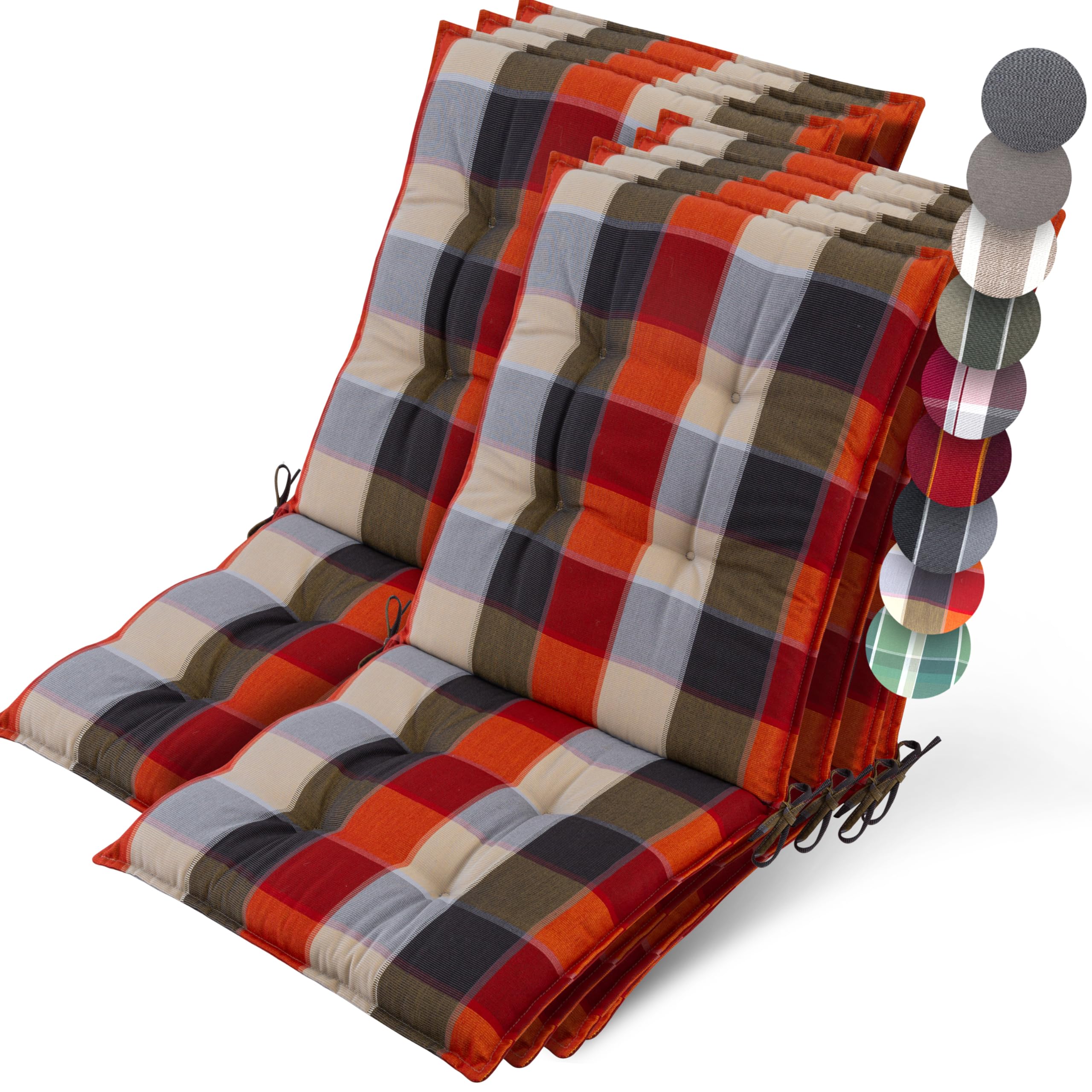Beautissu Set of 7 Premium Outdoor Chair Cushion Low Back 100x50 cm - UV 8 cm Thick Padding Seat Cushions for Garden Chairs Non-Slip Fastening Straps - Orange Beige - Sun-HL