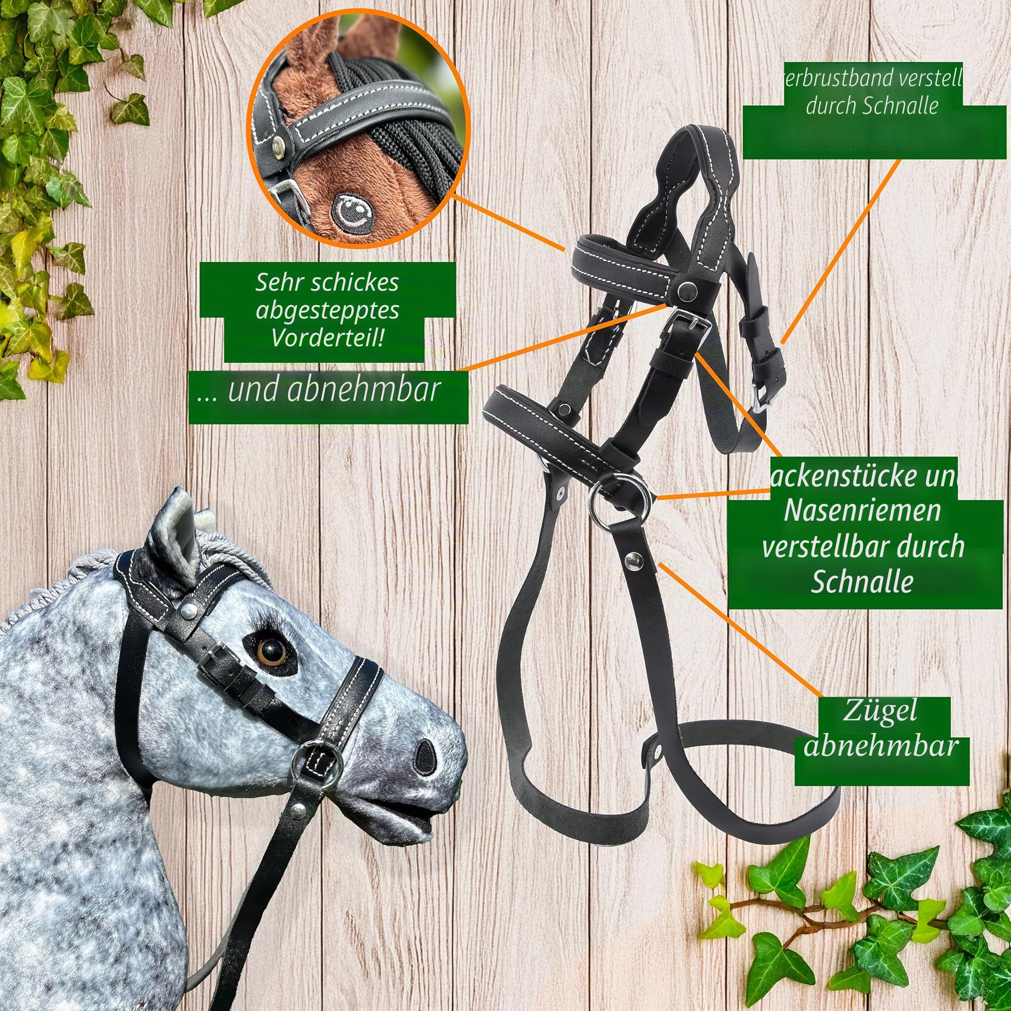 Hobby Horse Ethologisches Trensennetz schwarz für Hobby Horse Größe A3 und A4 verstellbar durch Schnalle Kunstleder mit weißen Nähten
