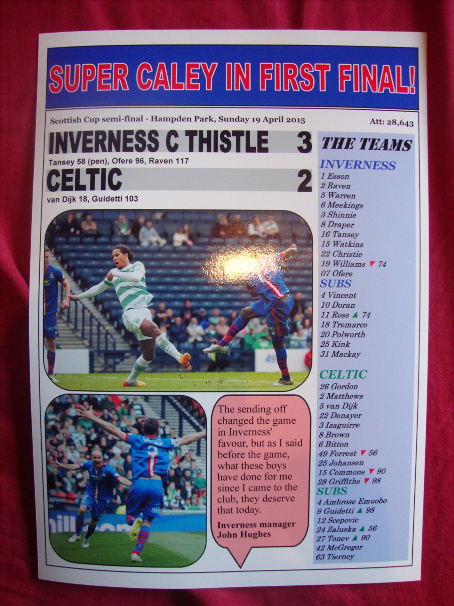 Lilywhite Multimedia Inverness Caledonian Thistle 3 Celtic 2 - 2015 Scottish Cup Semi-Final - Souvenir Print