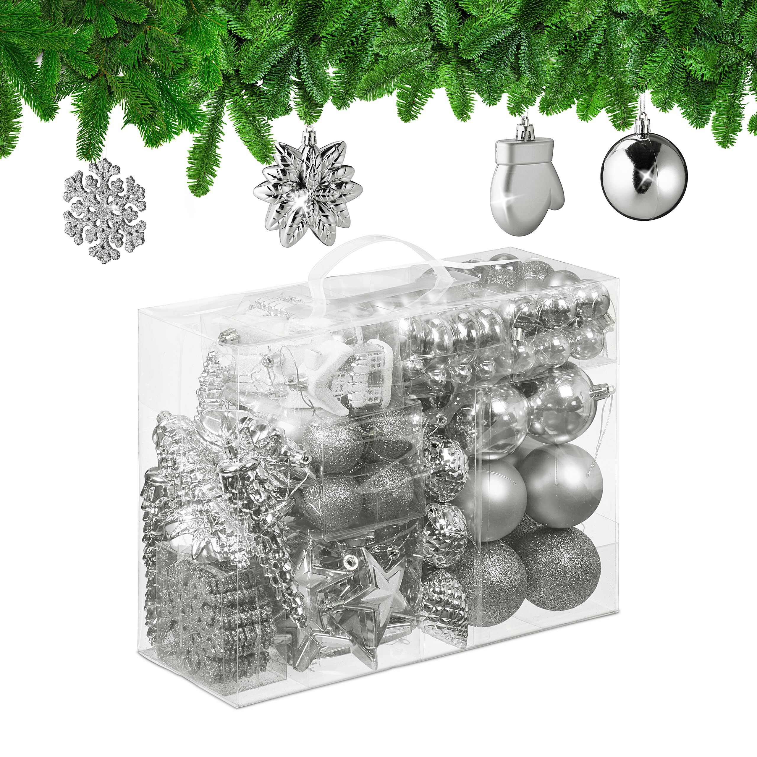 Relaxdays 100x Christmas Ornaments, Baubles, Glittering, Matte & Shiny, Tree Decorations, Plastic, 10 Designs, Silver