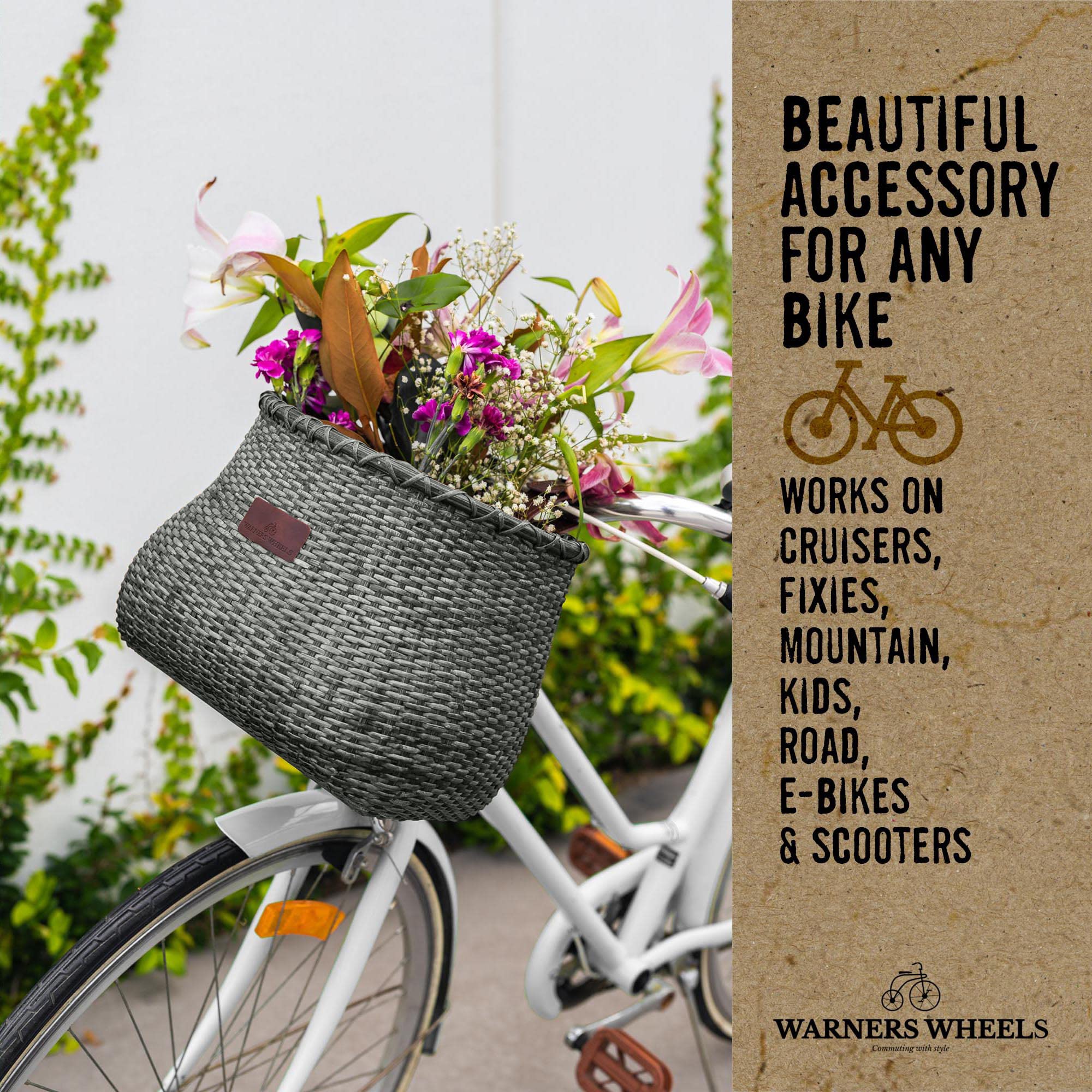 WARNERS WHEELS Fahrradkorb für Damen Cruiser mit Kaffeetassenhalter, handgefertigte gewebte Fahrradkörbe, Befestigung an Frontlenkern von Beach Cruisern oder Rollern mit veganen Lederriemen