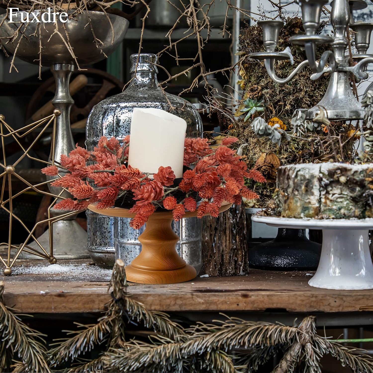 クリスマスキャンドルリングリース 2個 10インチキャンドルリース 人工レッドパインコーン付き クリスマスキャンドルホルダー 屋内装