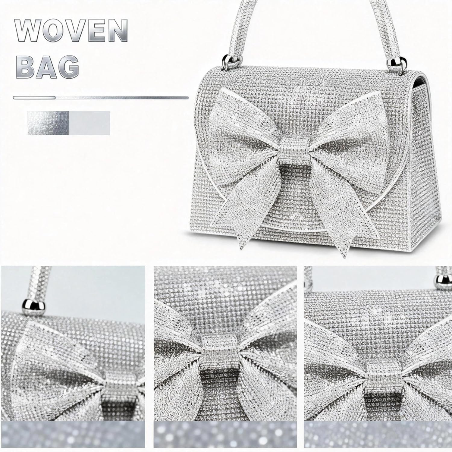 Rhinestone Evening Bag, Silver Bow Tie Handbag for Women, Small Tote Bag, Crossbody Bag for Wedding, Prom, Parties