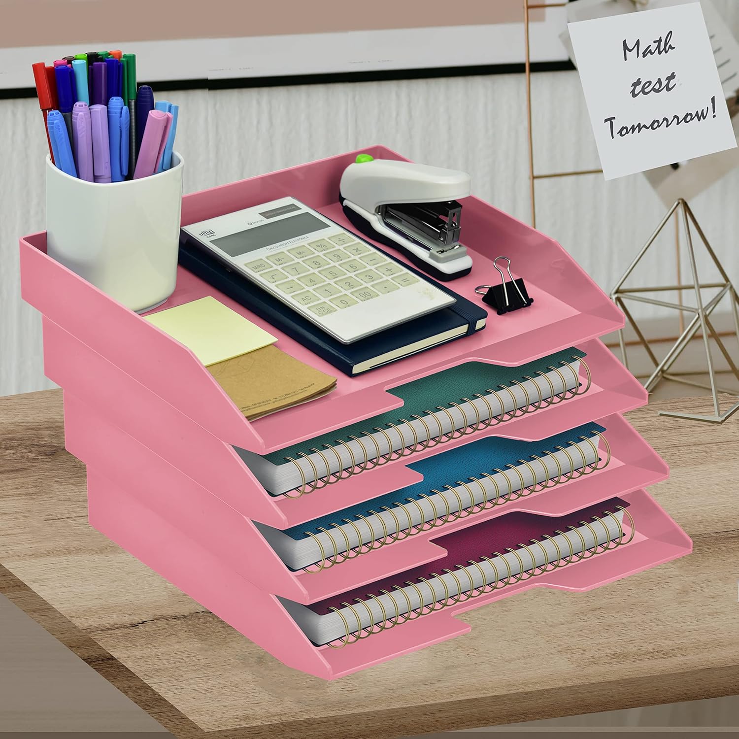 Acrimet 4 Tier Paper Organizer Letter Tray – Plastic Stackable Desk File Organizer, Side Load Paper Sorter for Letter/A4 Office File Folder Holder – Solid Pink