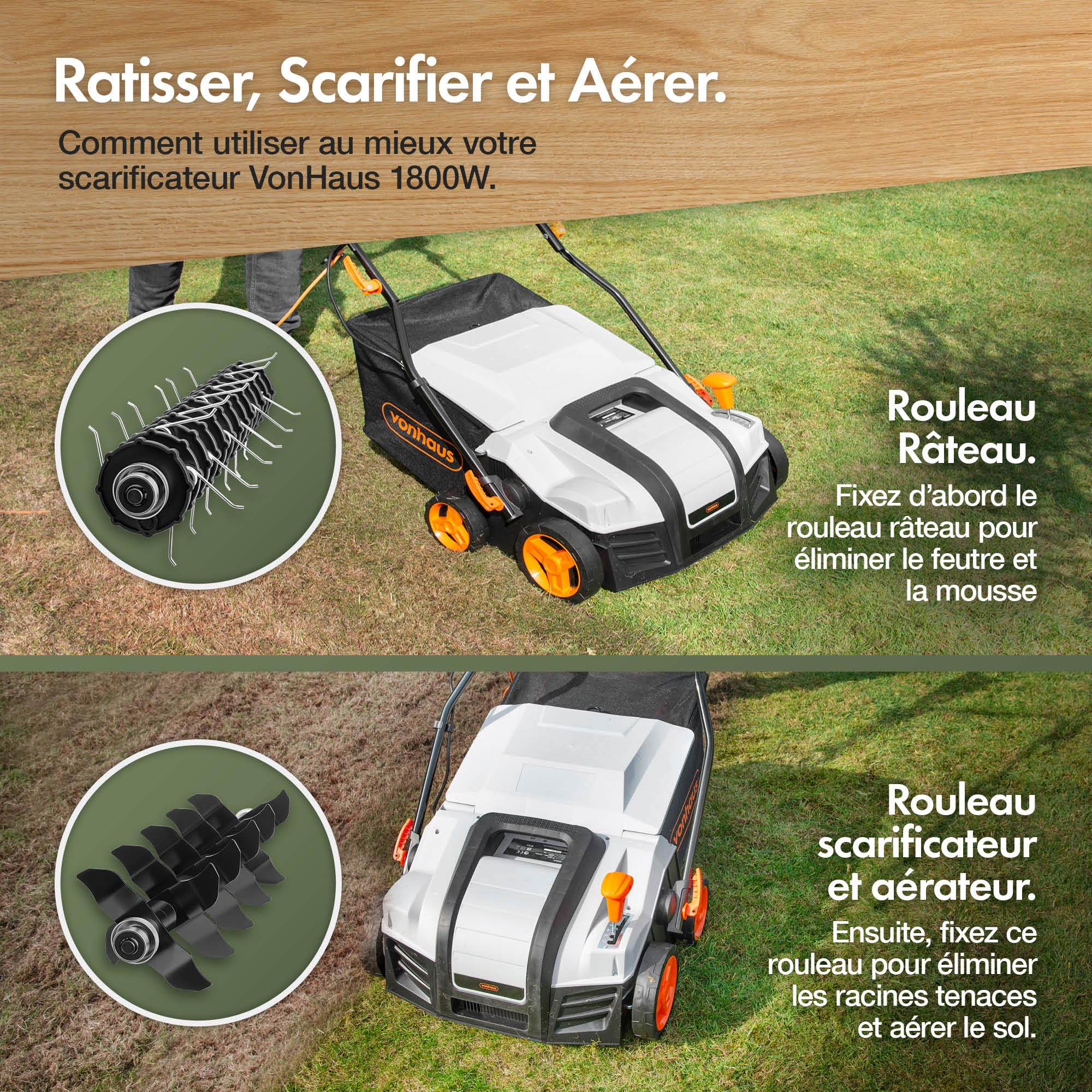 VonHaus Scarificateur/Aérateur/Râteau Électrique 1800W – Pour Scarification Et Râtelage Du Gazon, Élimine Feutre, Mousse Et Feuilles, Aère Le Sol, Bac De Ramassage 55L, 5 Hauteurs, Largeur 38cm
