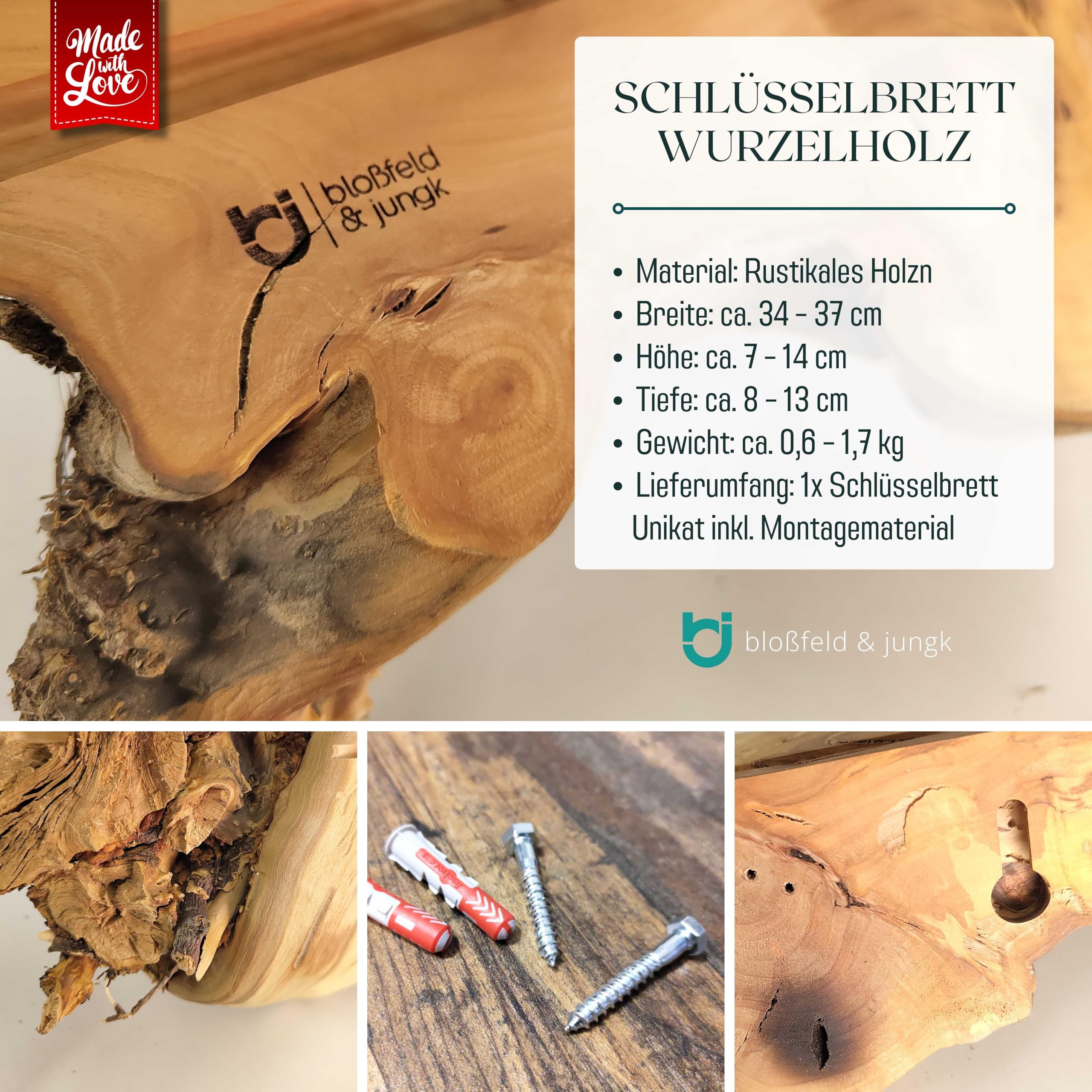 Schlüsselbrett Holz mit Ablage, Schlüsselhalter aus Wurzelholz, 35 cm | Frontseitiger Schlüsselschlitz ohne Haken, Handy- und Fotohalterung, Wandmontage, für Flur und Diele