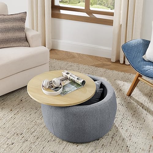 Miniatura 9 de Tmosi Mesa auxiliar redonda otomana de almacenamiento, reposapiés, mesa auxiliar para sala de estar (gris oscuro) Gris oscuro,Natural,Azul