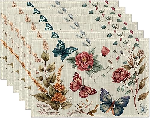 Juego de 6 manteles individuales vintage con diseño de mariposas y flores, 12 x 18 pulgadas, impermeables, resistentes a las manchas, para verano,