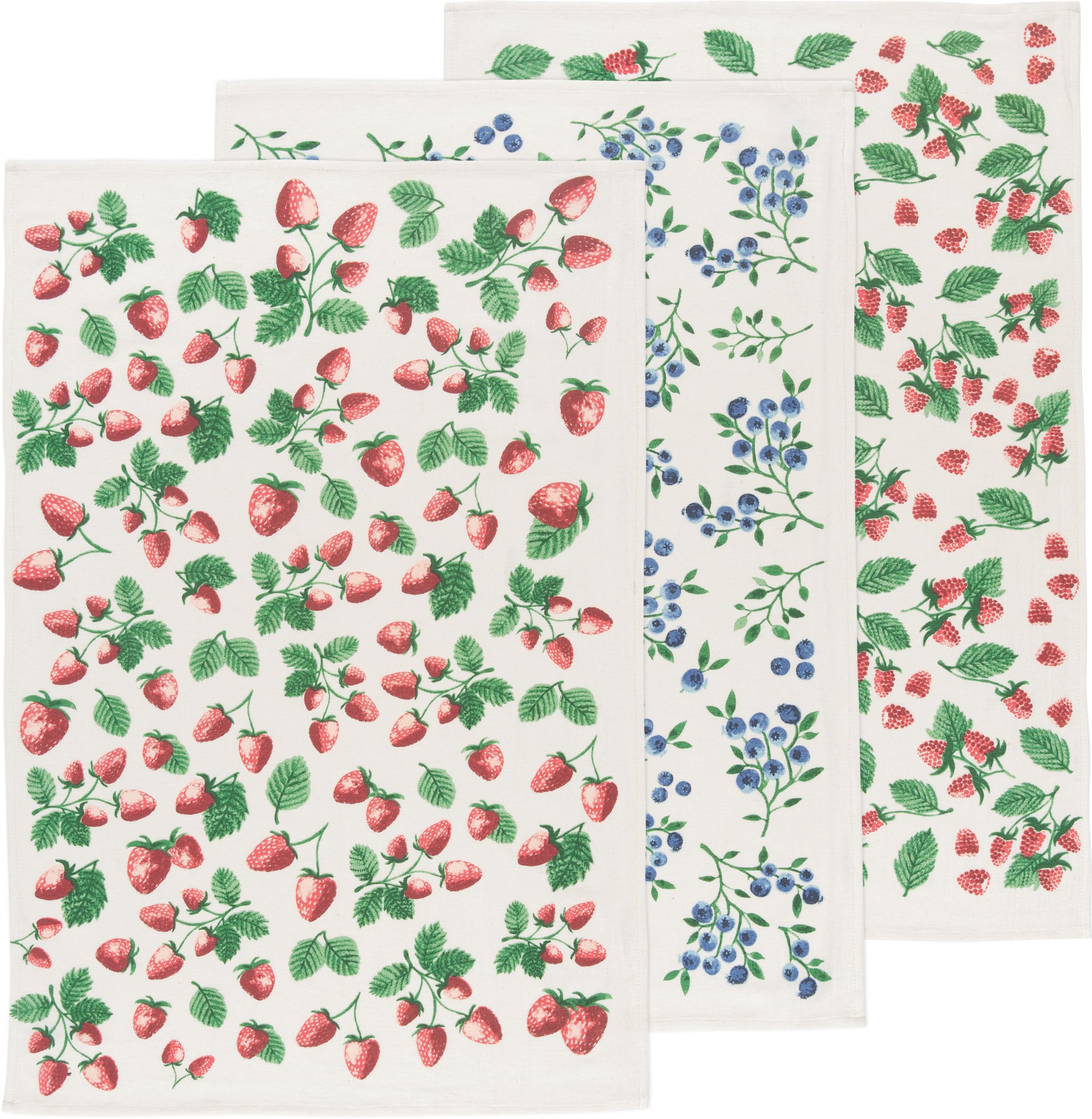 Now Designs Berry Patch bawełniany worek mąki kuchenne ręczniki do naczyń 50 x 76 cm, zestaw 3 szt., czerwony, niebieski, zielony, biały