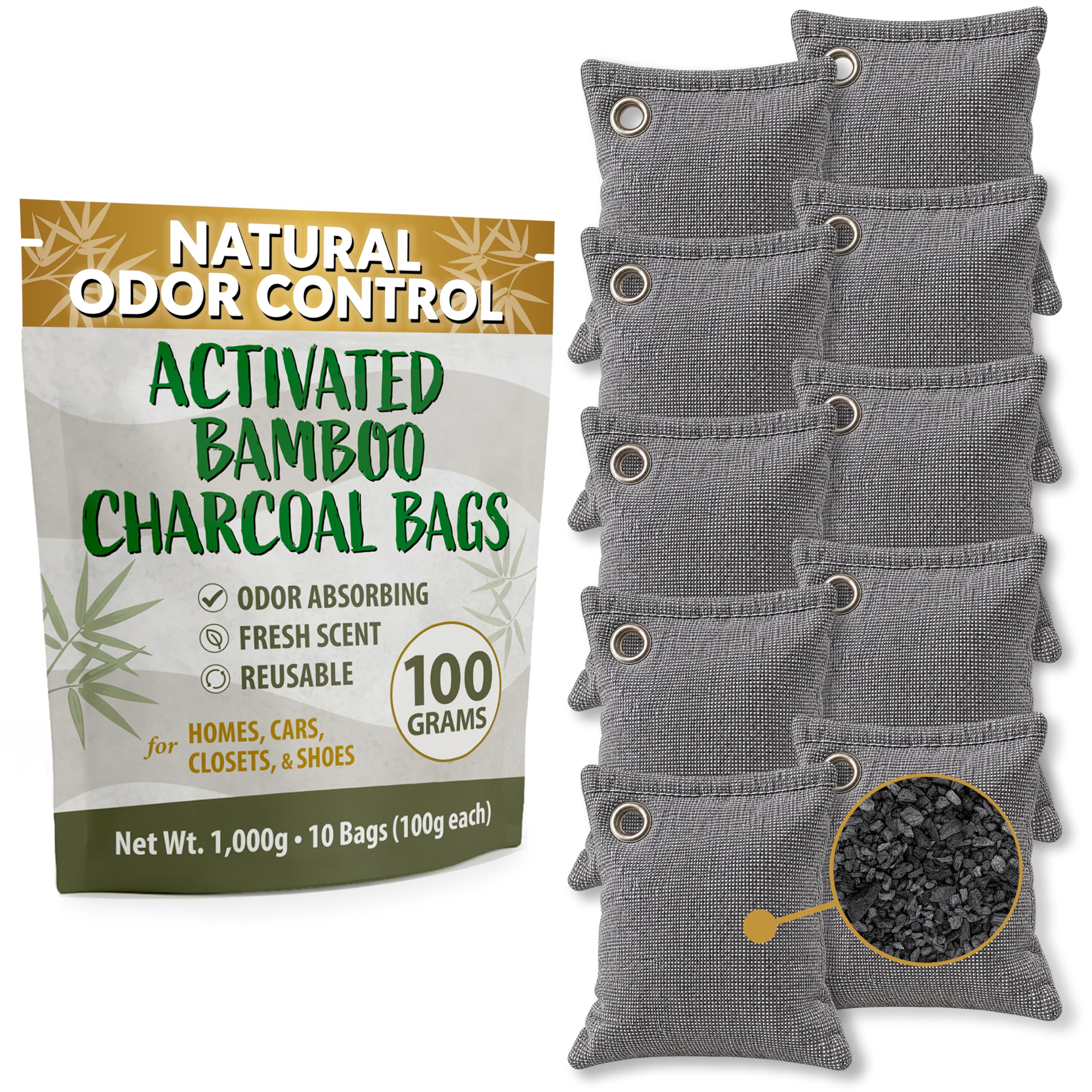 Activated Charcoal Odor Absorbers for Strong Odors in Homes, Cars, &amp; Shoes - Reusable Moisture Absorbers - Sustainable Odor Absorbers - Room Air Freshener - 10 Activated Bamboo Charcoal Bags (100g)