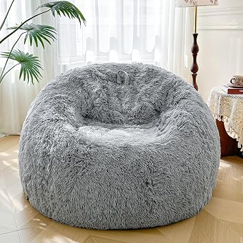 XeGe 5FT Giant Fluffy Bean Bag Chair CoverNo Filler, Ultra Soft Gray Faux Fur Stuffed Animal Storage Bean Bag, Plush Shaggy XL Large Beanbag for Living Room Bedroom Home Decor, Light Grey