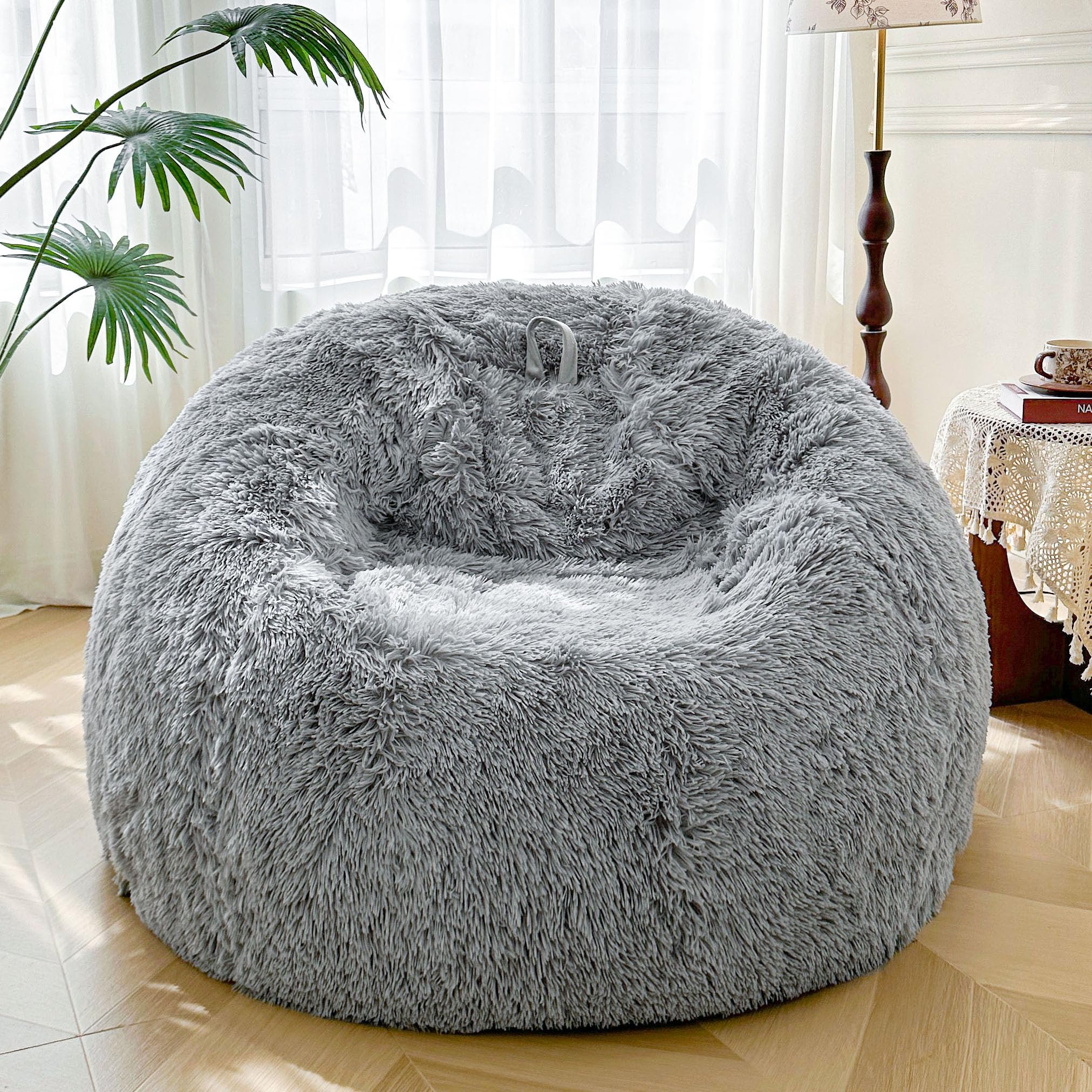XeGe 5FT Giant Fluffy Bean Bag Chair Cover(No Filler), Ultra Soft Gray Faux Fur Stuffed Animal Storage Bean Bag, Plush Shaggy XL Large Beanbag for Living Room Bedroom Home Decor, Light Grey